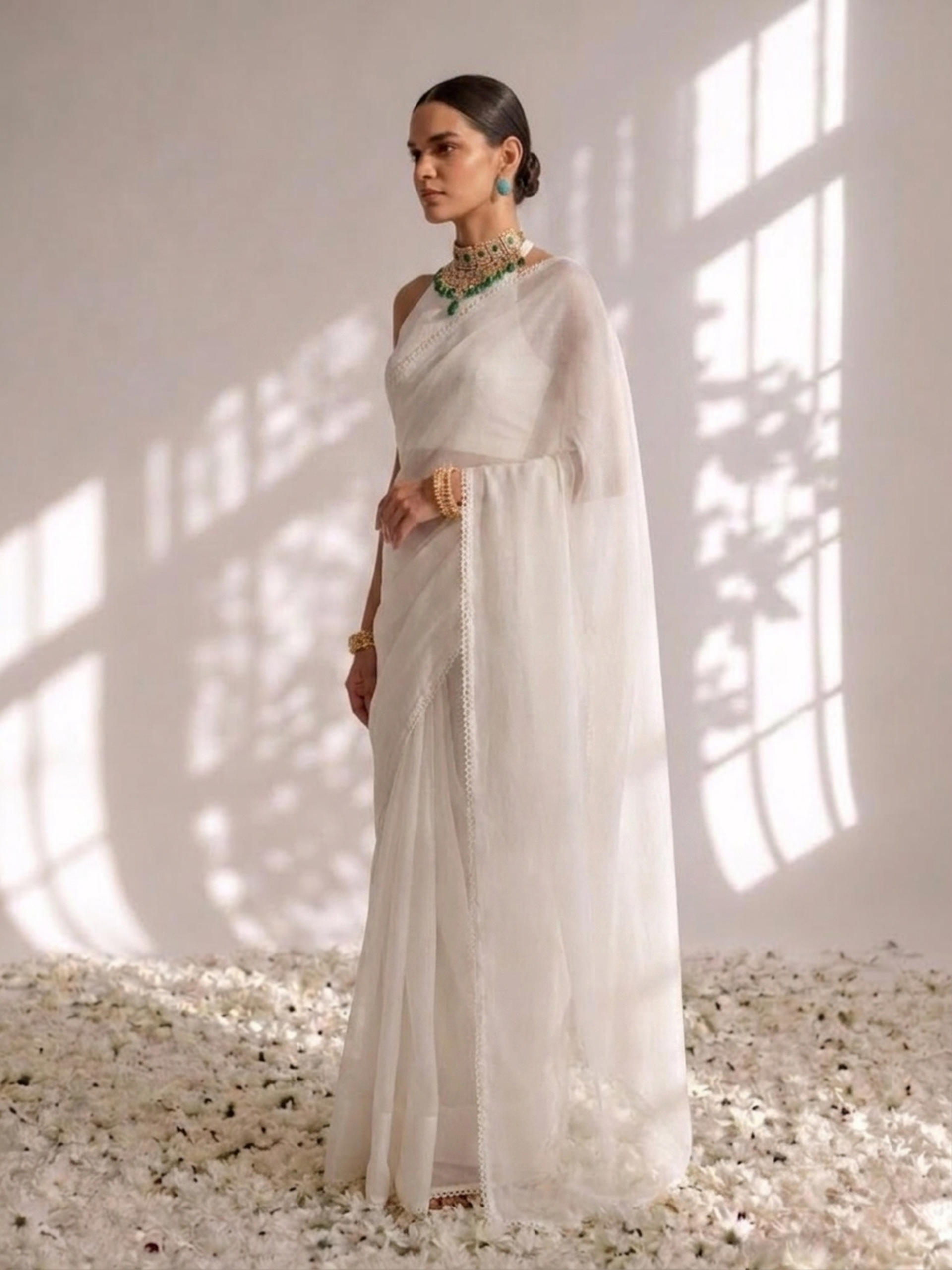 White Chiffon Saree with Lace and Blouse Fabric