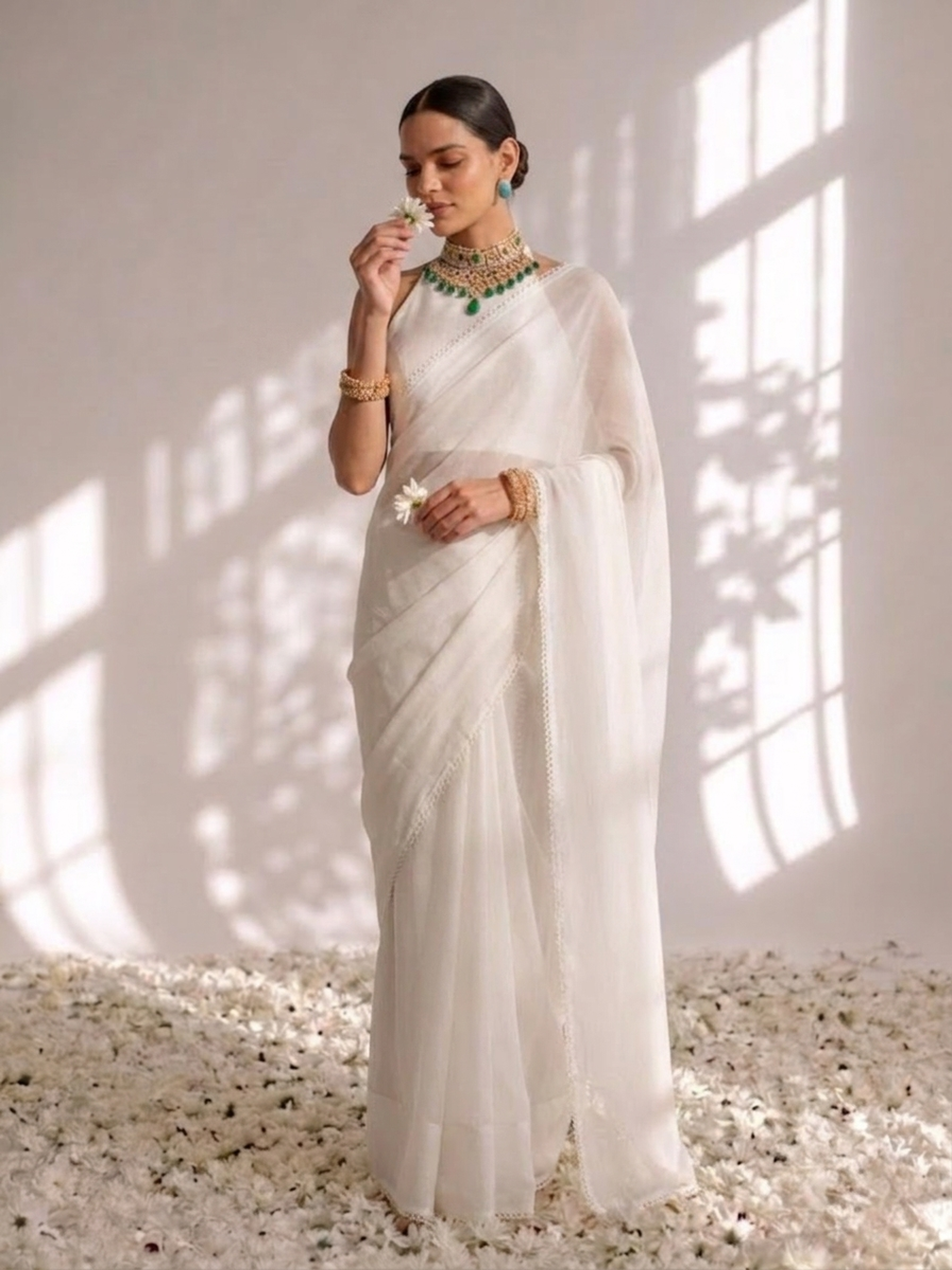 White Chiffon Saree with Lace and Blouse Fabric