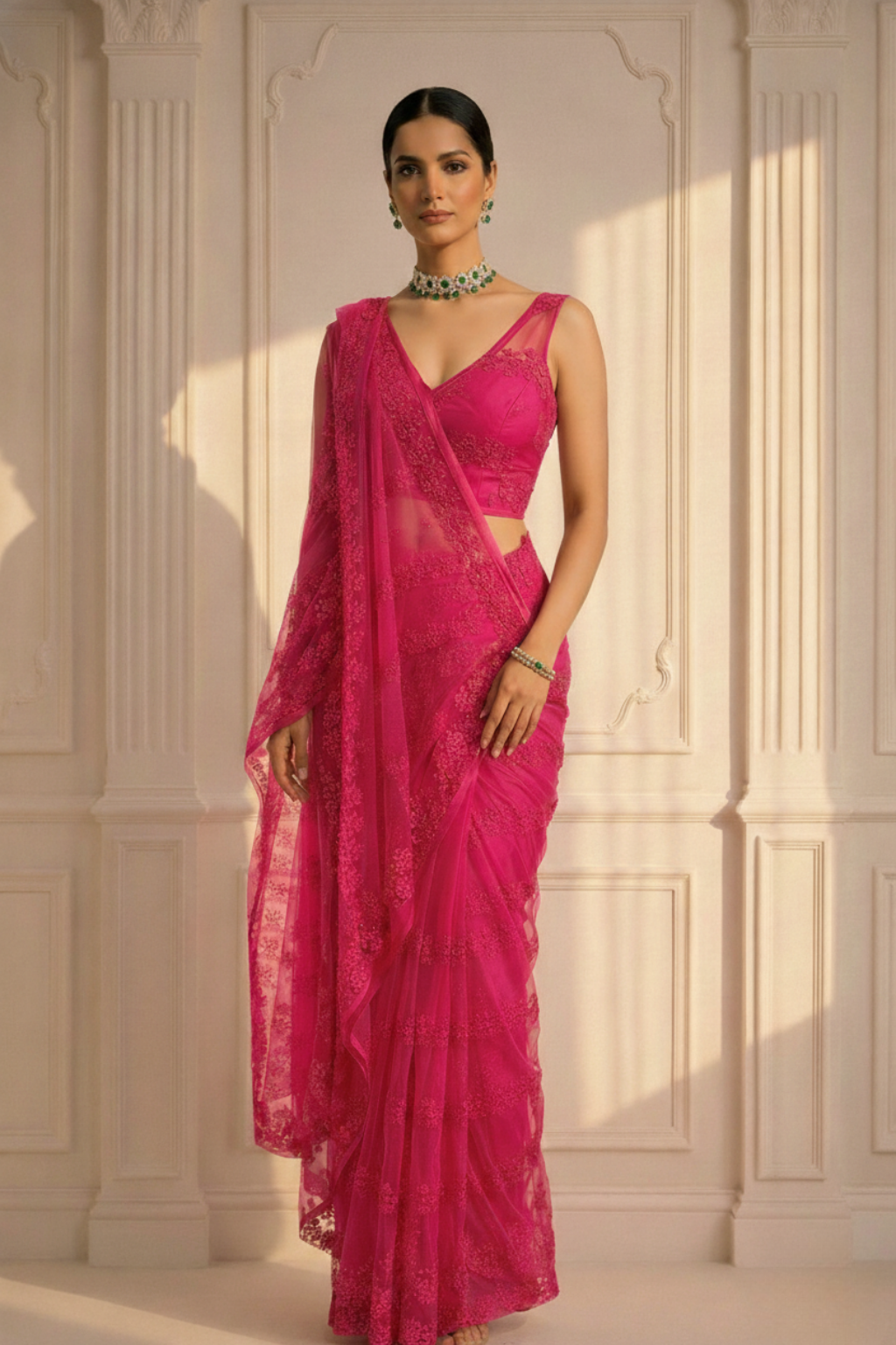 Pink Stripe Lace Saree with Sequin and Blouse Fabric