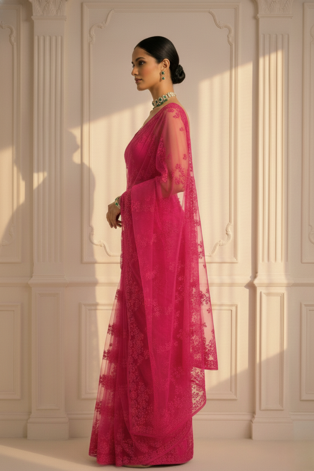Pink Stripe Lace Saree with Sequin and Blouse Fabric
