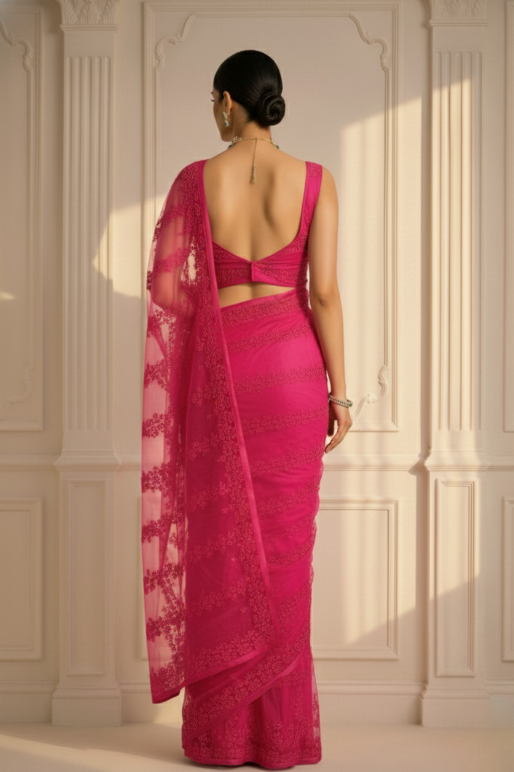 Pink Stripe Lace Saree with Sequin and Blouse Fabric
