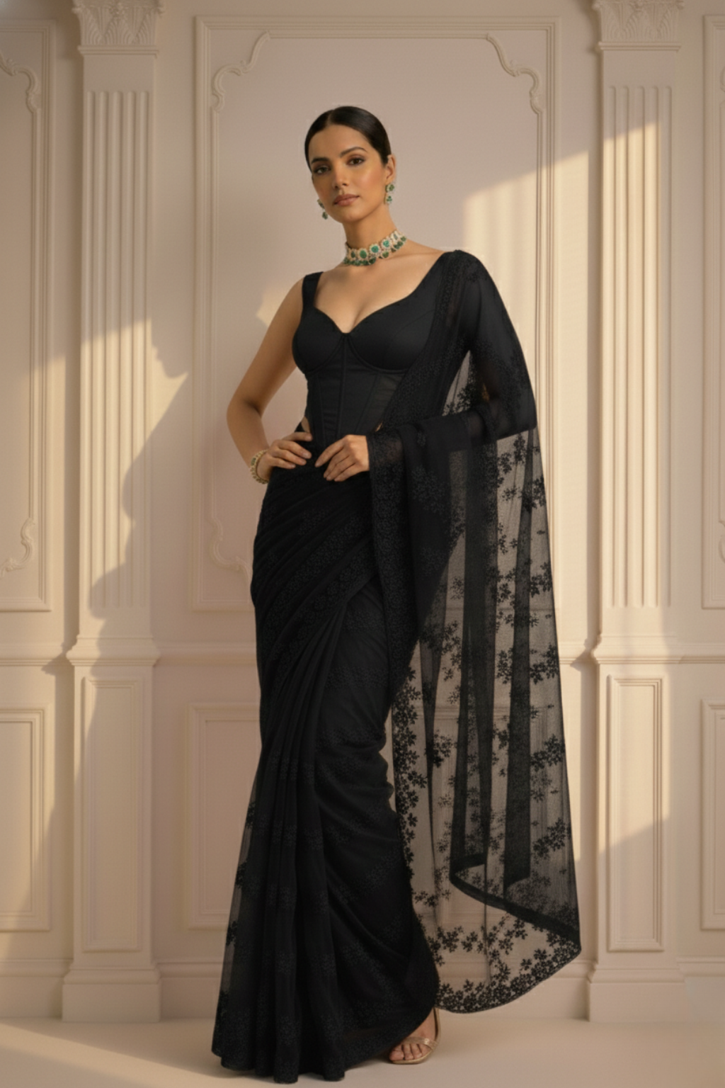 Black Stripe Lace Saree with Sequin and Blouse Fabric