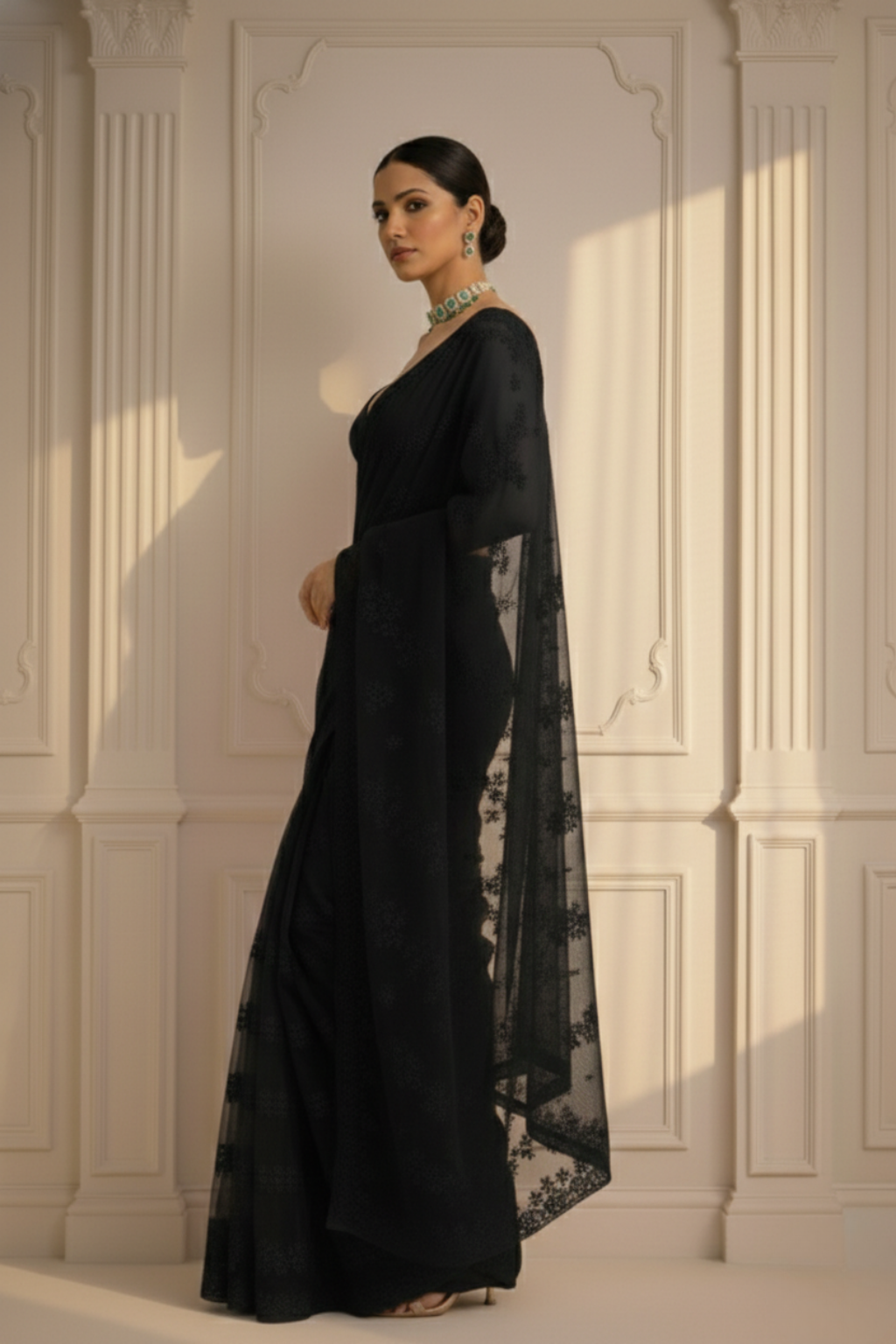 Black Stripe Lace Saree with Sequin and Blouse Fabric
