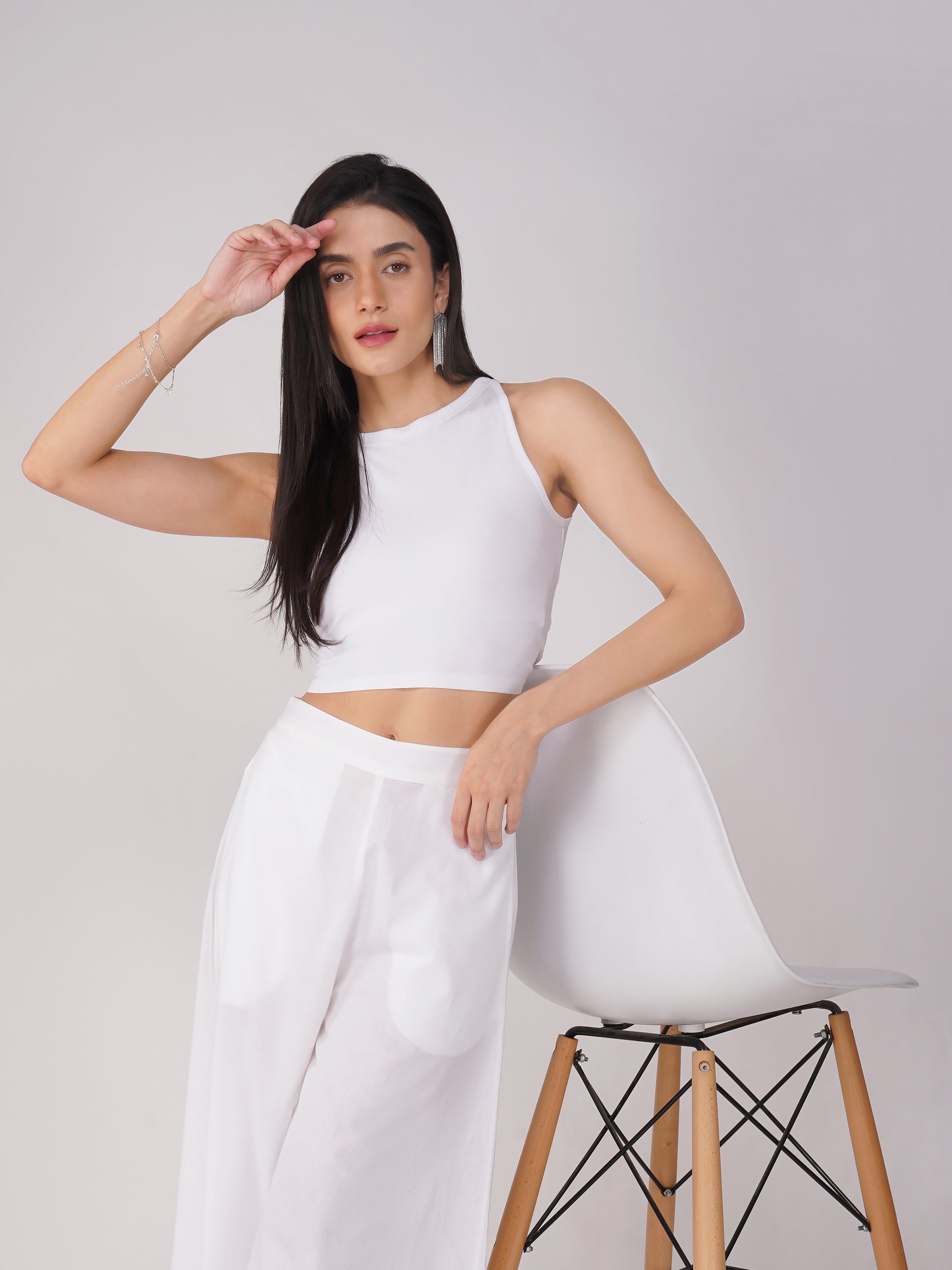 Women's Stretchy Knitted Halter Neck White Crop Top