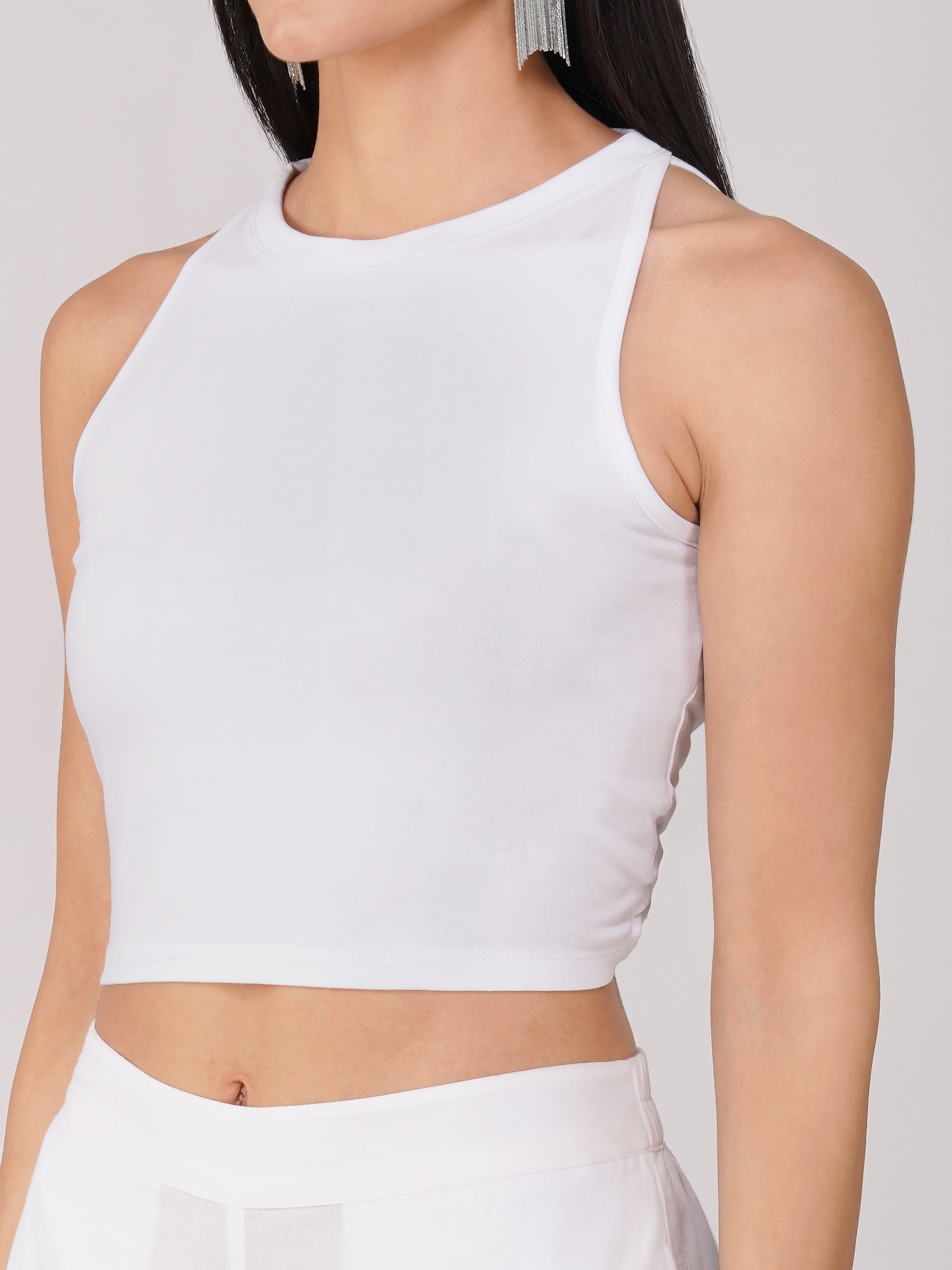 Women's Stretchy Knitted Halter Neck White Crop Top