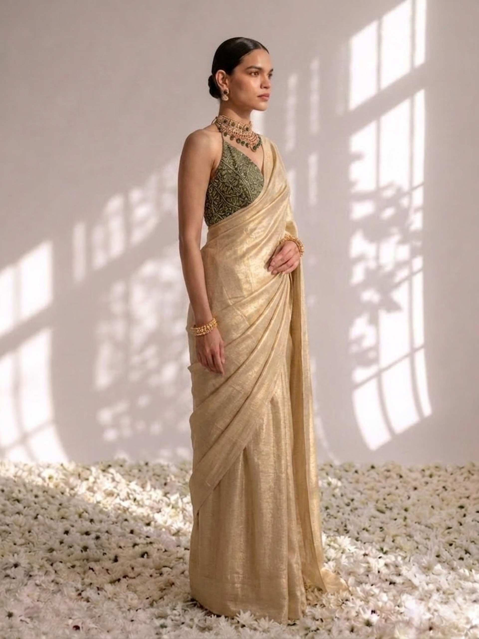 Champagne Gold Chiffon Saree with Pendants with Self Blouse Fabric
