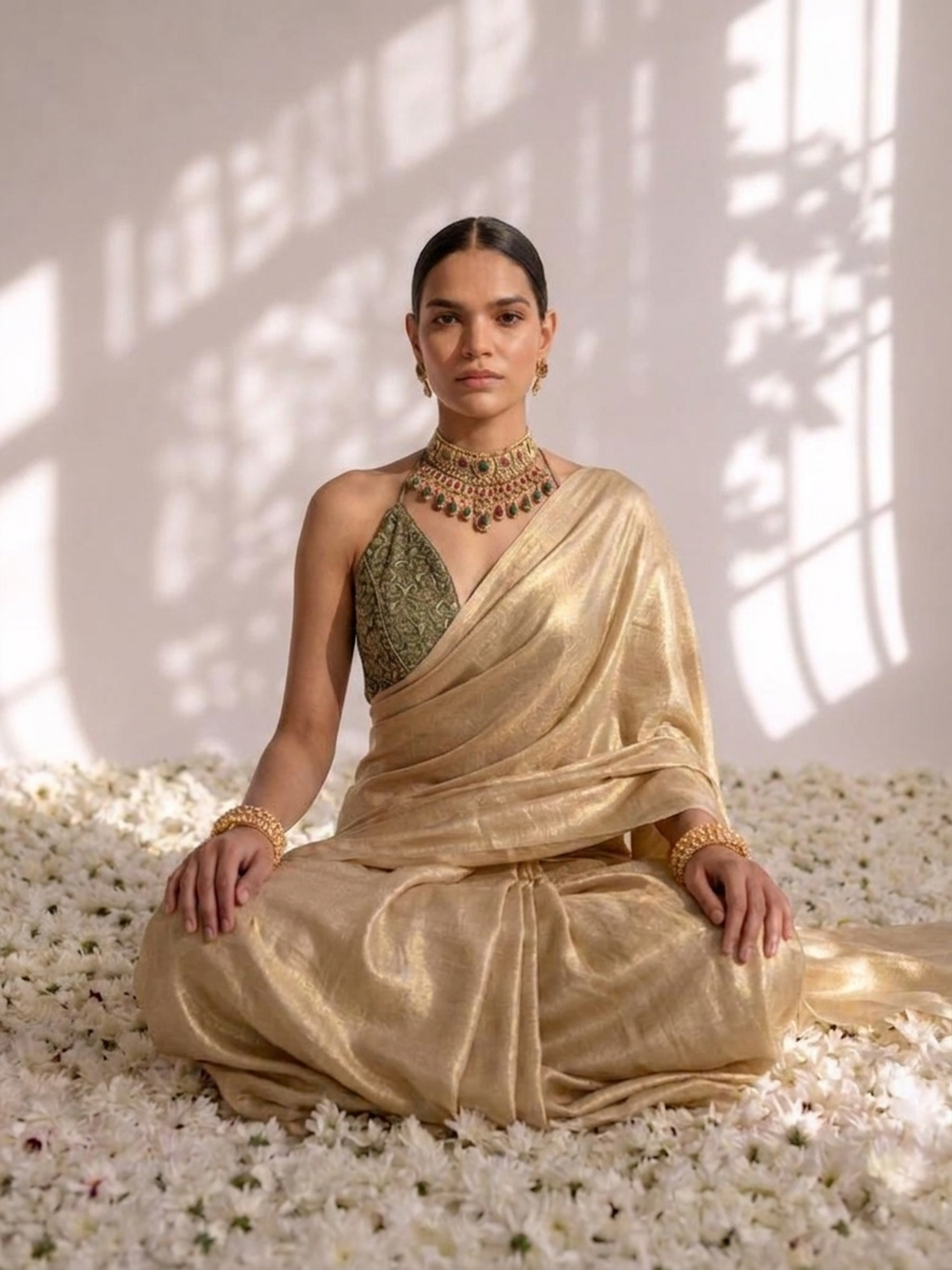 Champagne Gold Chiffon Saree with Pendants with Self Blouse Fabric