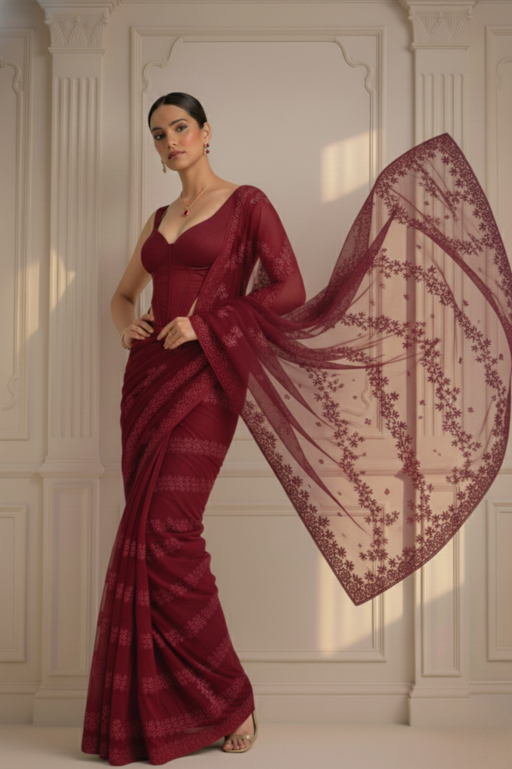Maroon Stripe Lace Saree with Sequin and Blouse Fabric