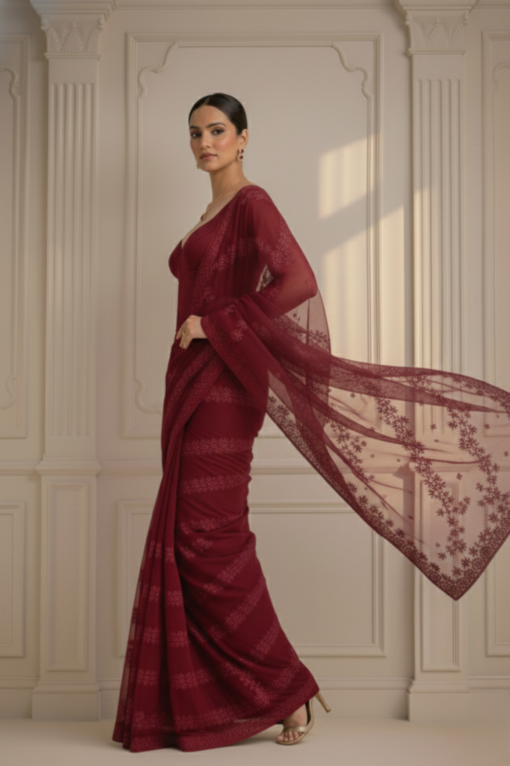 Maroon Stripe Lace Saree with Sequin and Blouse Fabric