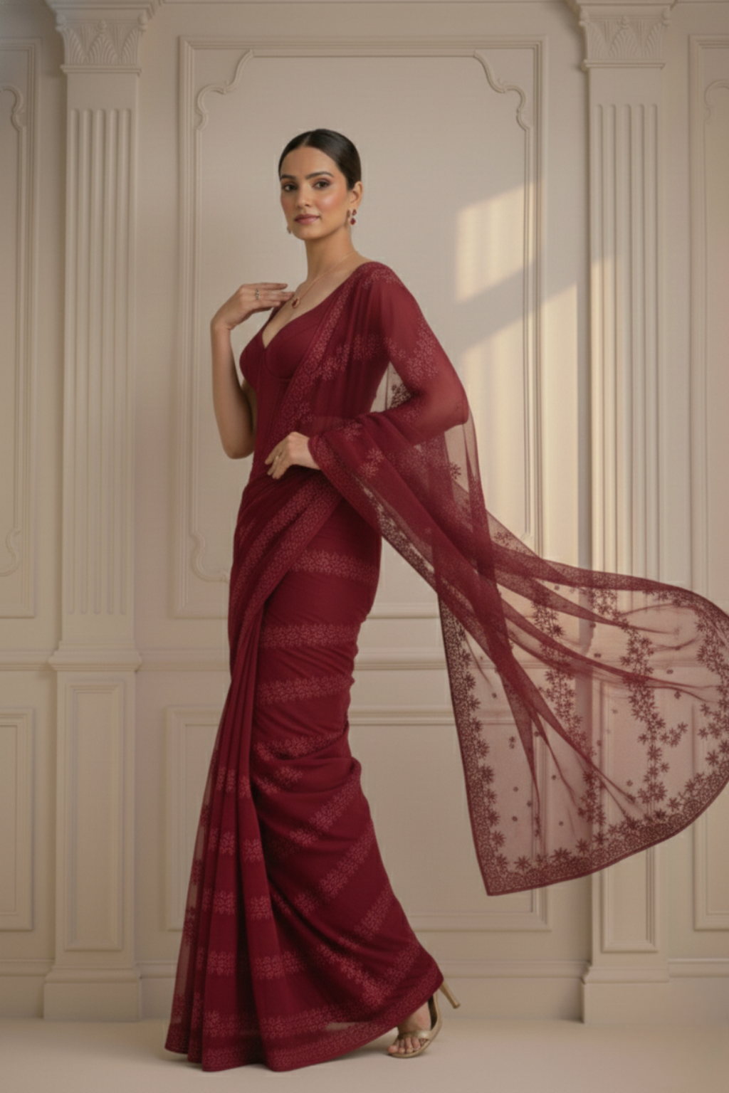 Maroon Stripe Lace Saree with Sequin and Blouse Fabric