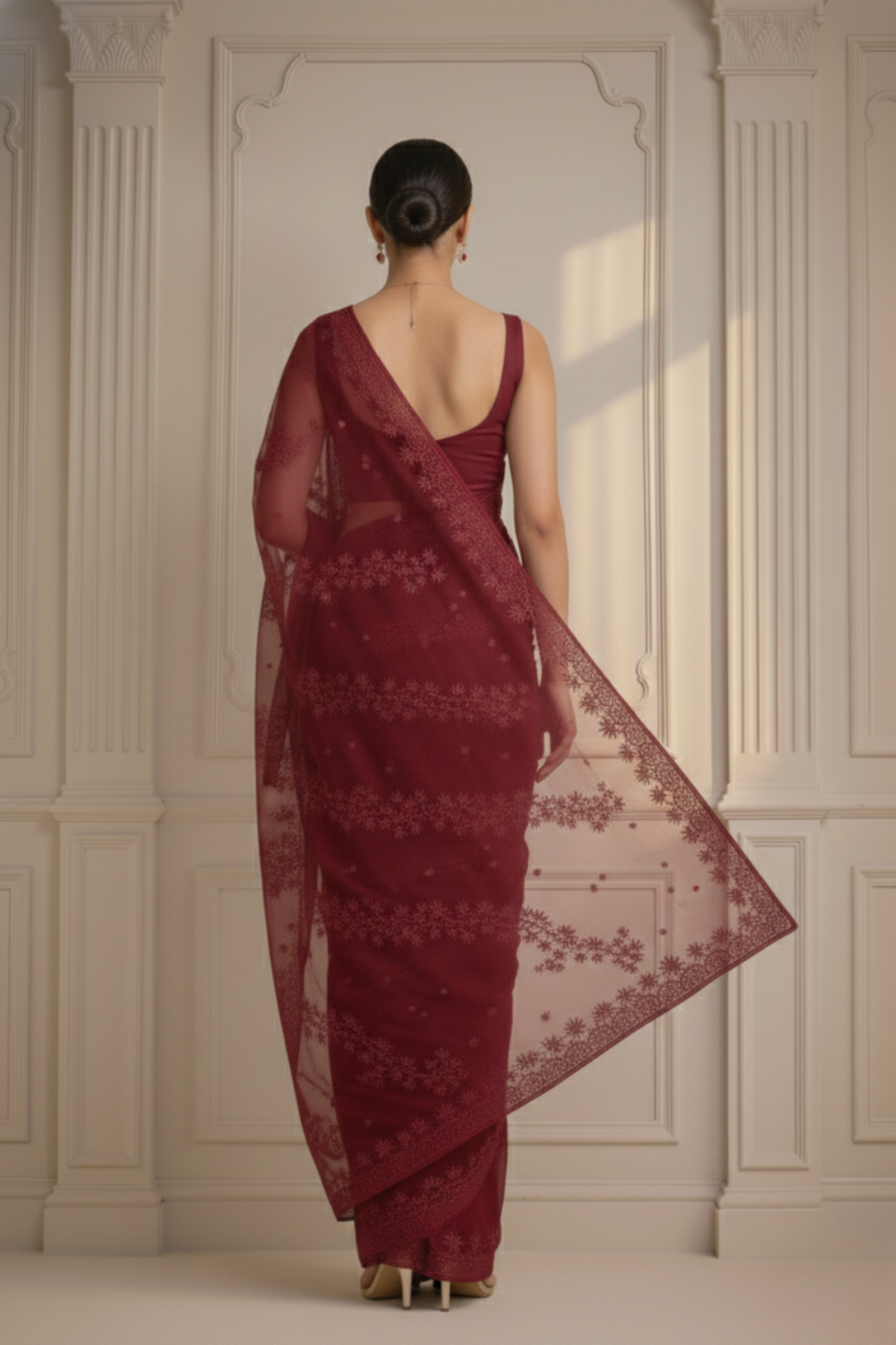 Maroon Stripe Lace Saree with Sequin and Blouse Fabric