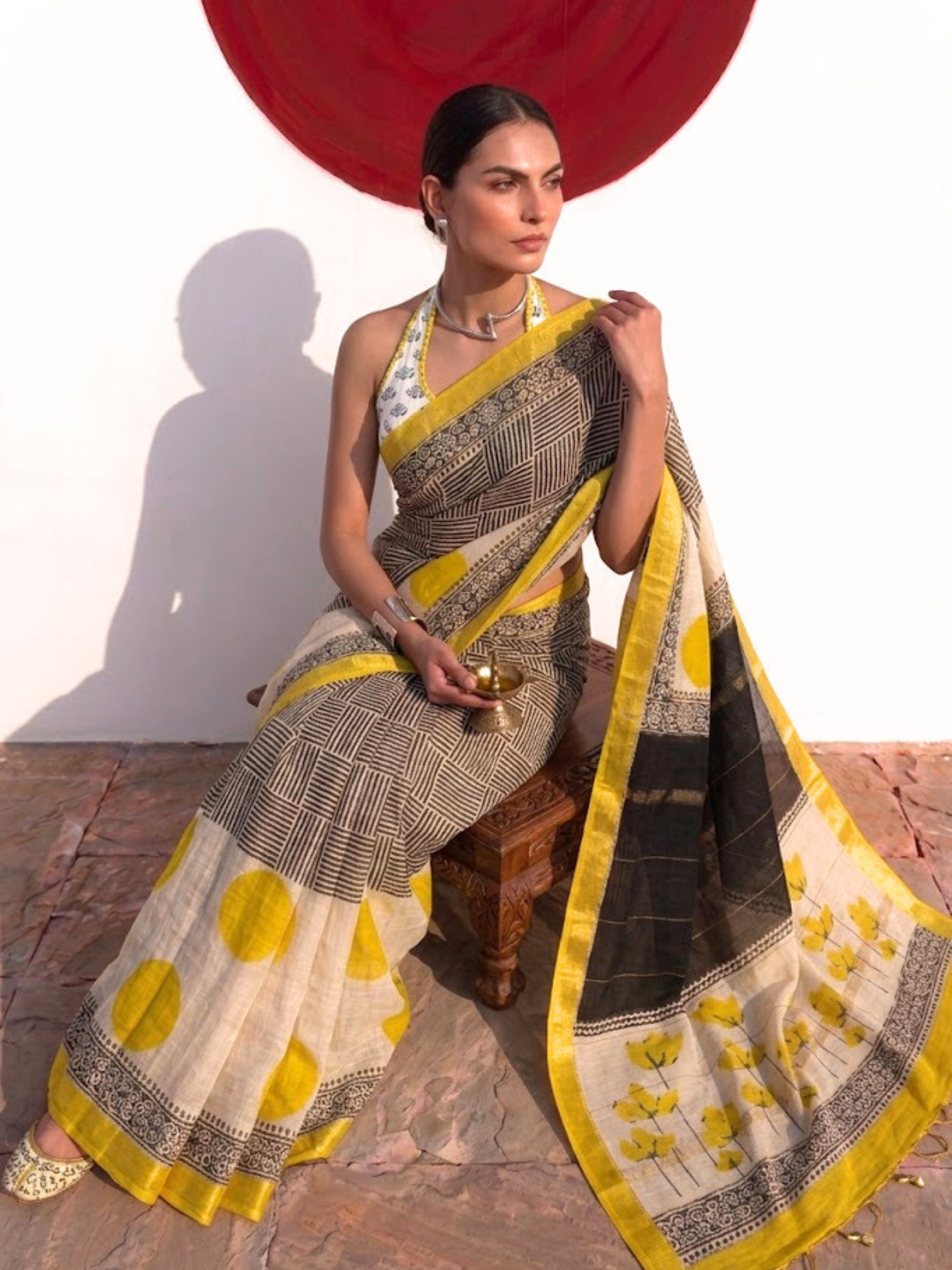 Maheshwari Silk Hand Block Black Yellow Printed Saree with Blouse Fabric