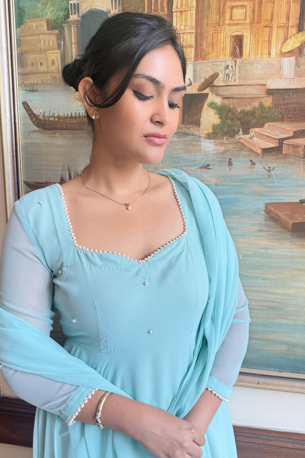 3 pc Suit Set -Light Blue Georgette 3/4th Sleeve Anarkali with Pearls with Dupatta and Pants