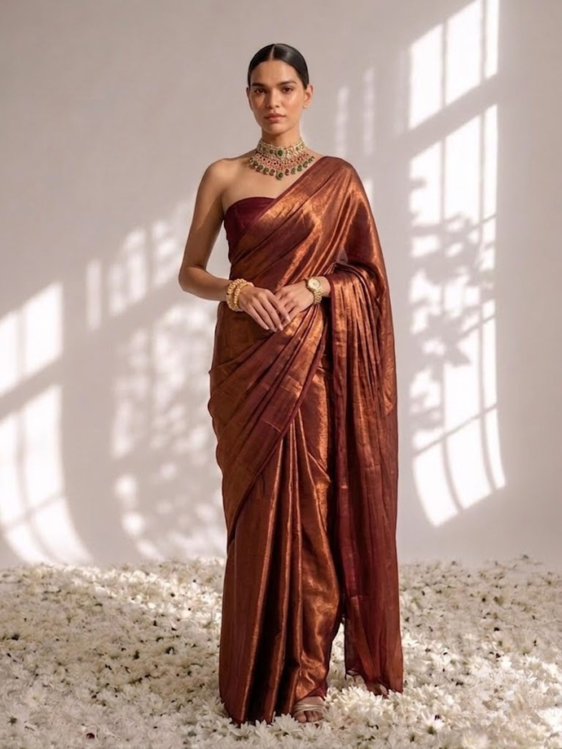 Cruella Red Gold Chiffon Saree with Pendants with Self Blouse Fabric
