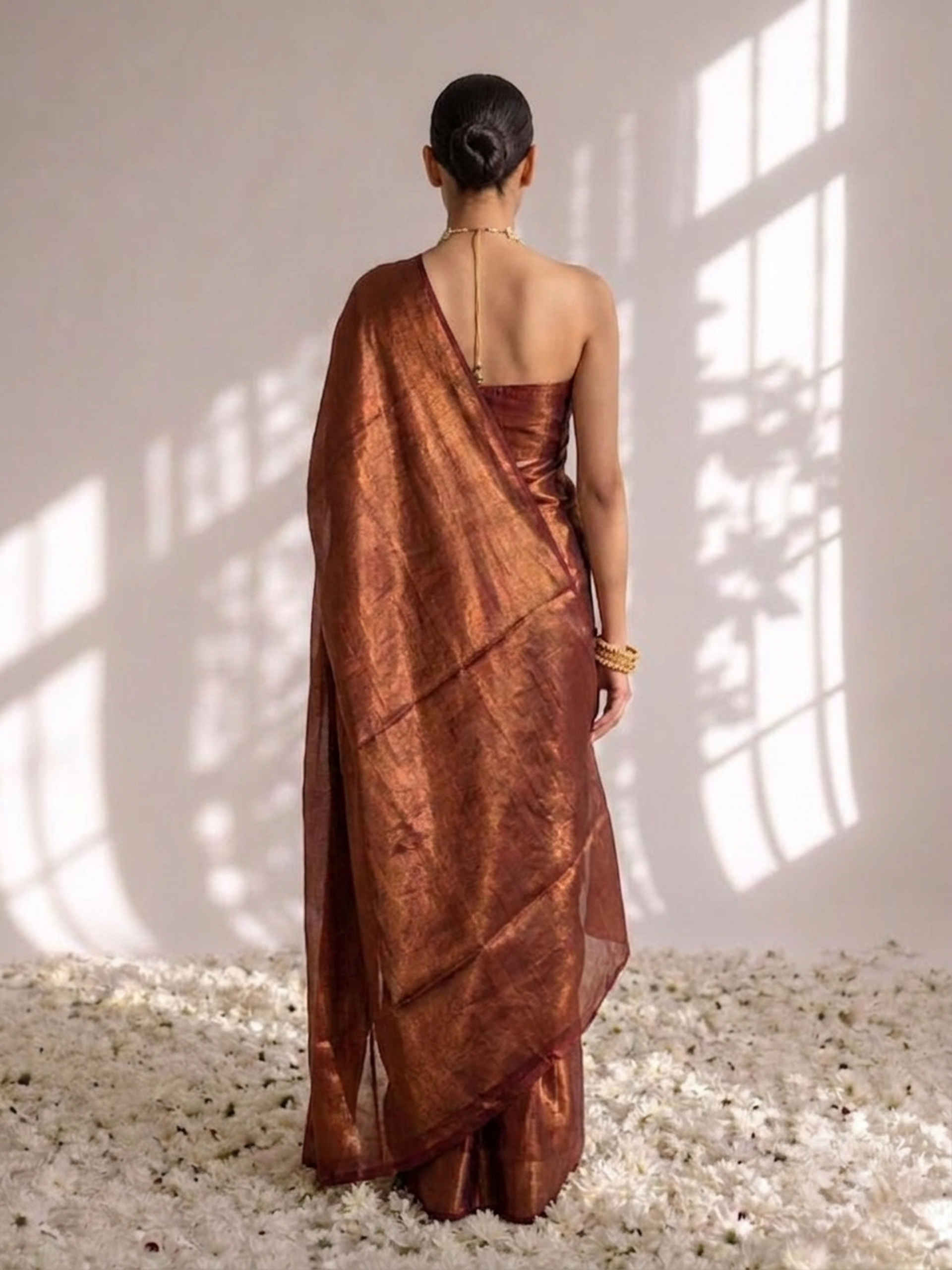 Cruella Red Gold Chiffon Saree with Pendants with Self Blouse Fabric