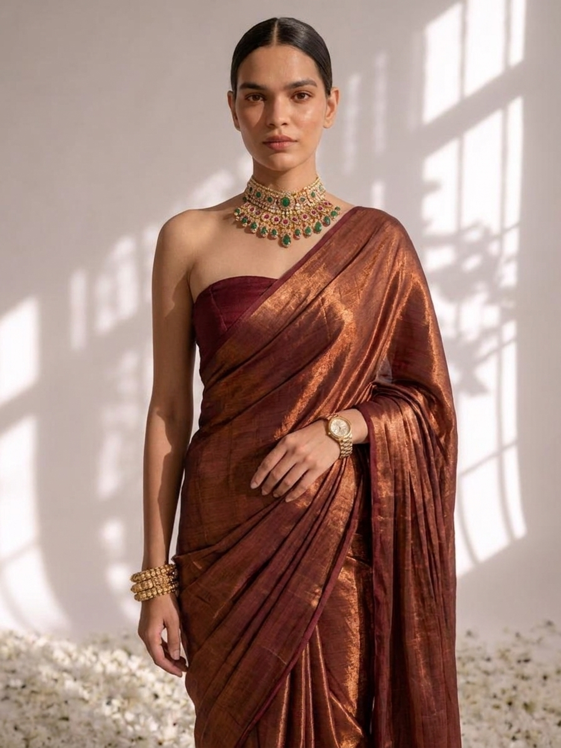 Cruella Red Gold Chiffon Saree with Pendants with Self Blouse Fabric