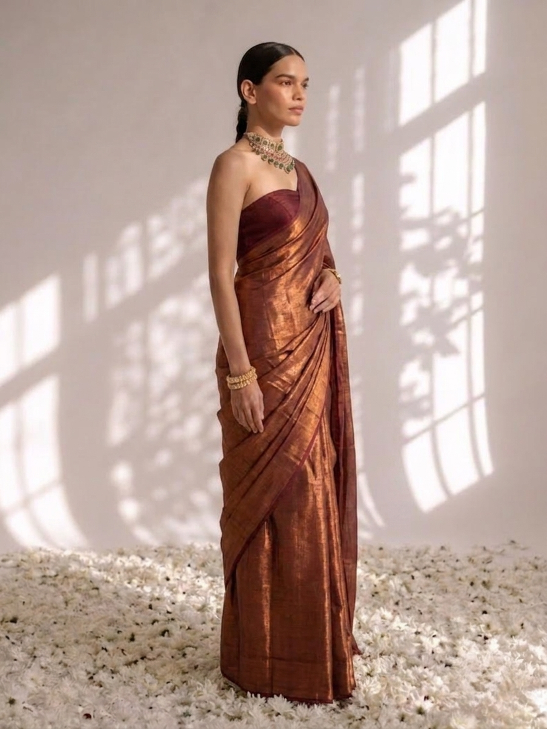 Cruella Red Gold Chiffon Saree with Pendants with Self Blouse Fabric