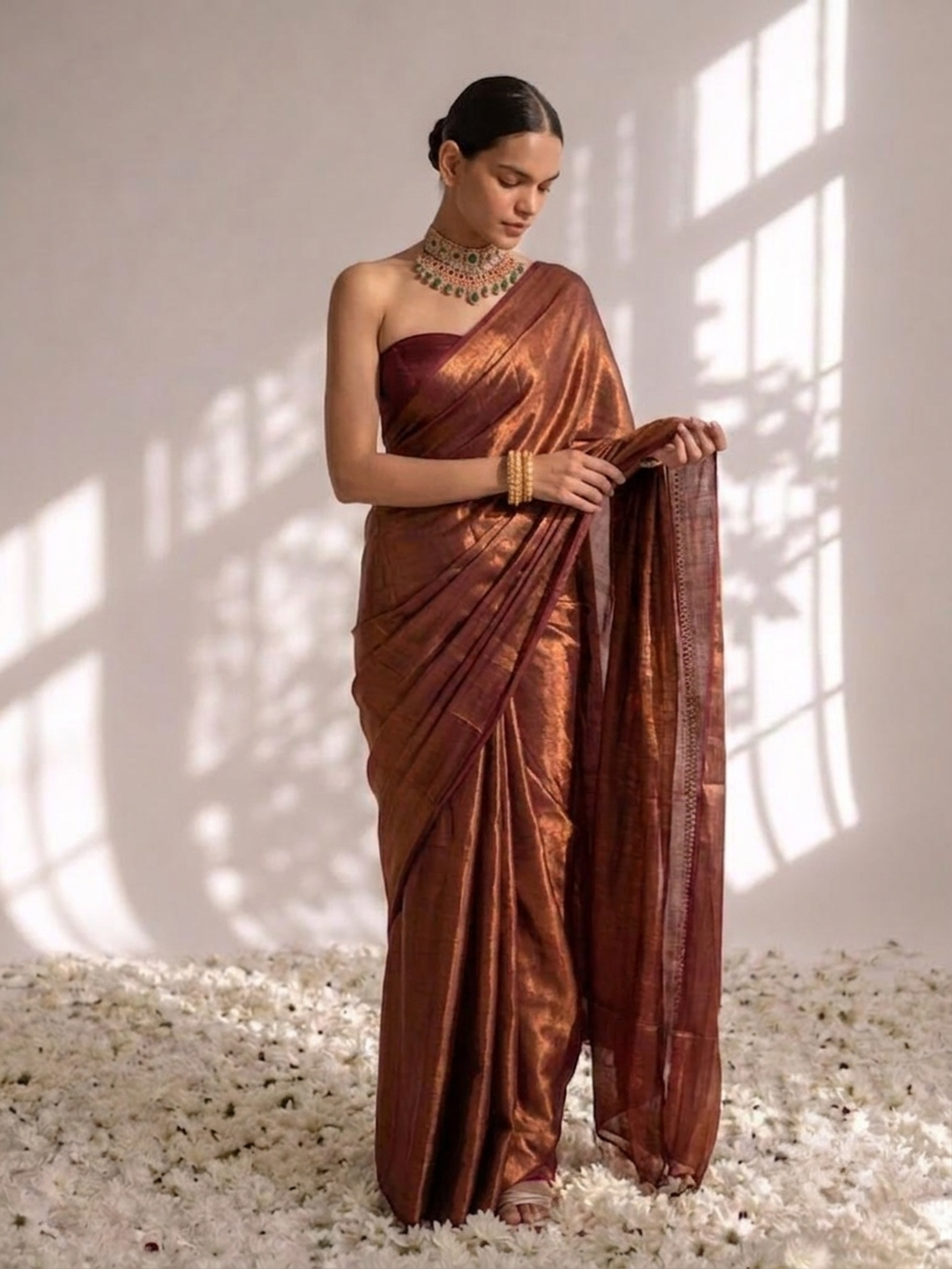 Cruella Red Gold Chiffon Saree with Pendants with Self Blouse Fabric