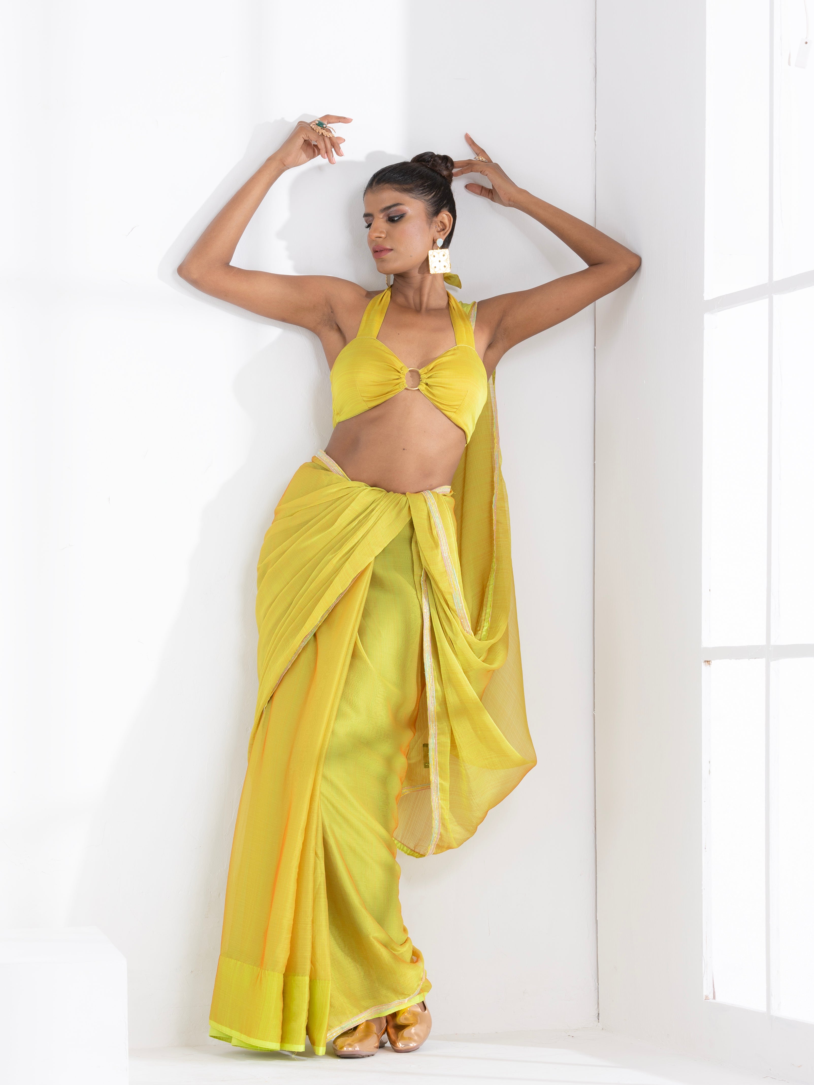 Lime and Lemony Chiffon Saree with Lace & Self Blouse Fabric
