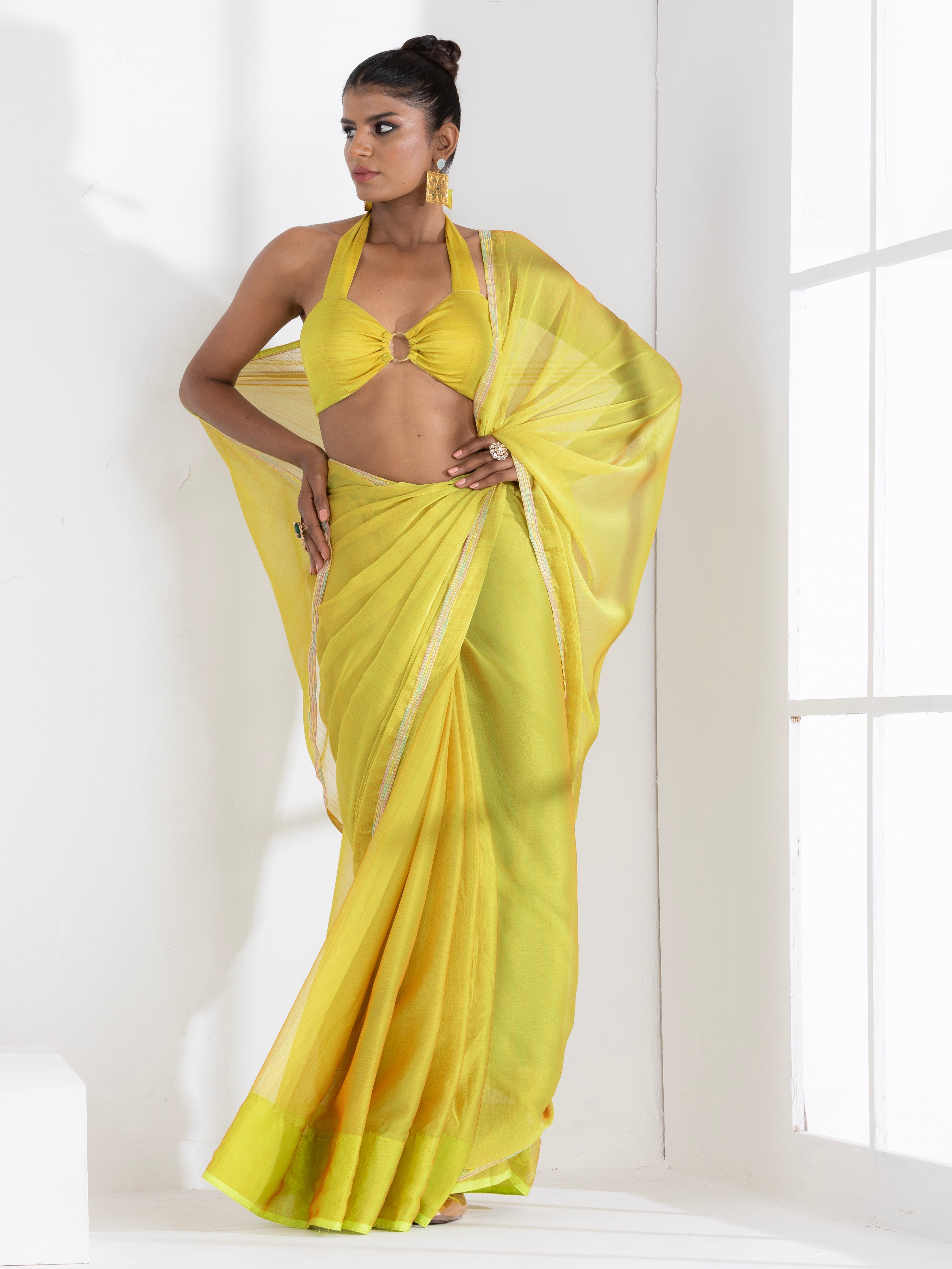 Lime and Lemony Chiffon Saree with Lace & Self Blouse Fabric