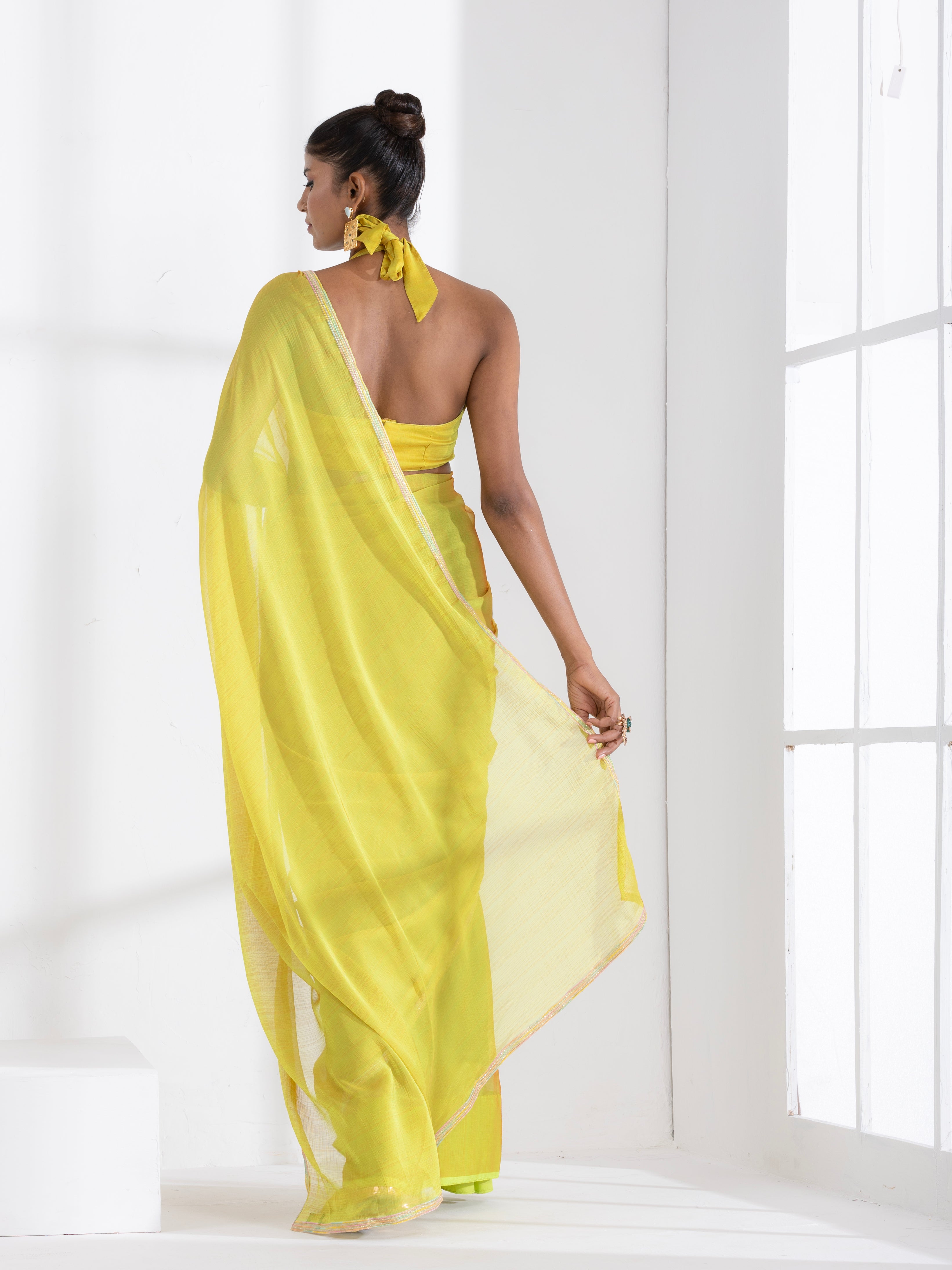 Lime and Lemony Chiffon Saree with Lace & Self Blouse Fabric
