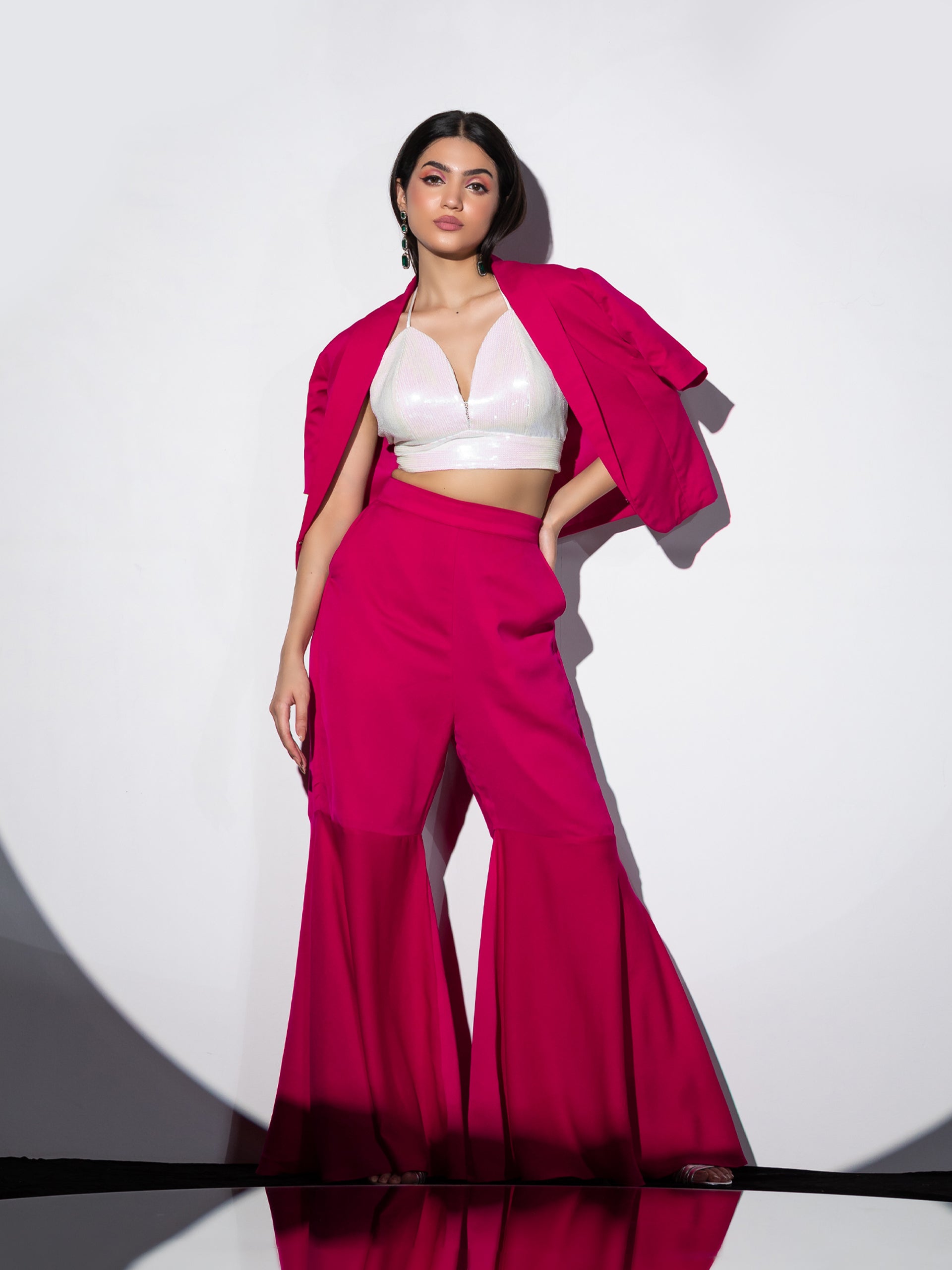 Women's Pink Bell Pant Set with Sequin Blouse and Jacket 3 Piece Set | Straight Fit, V Neck, Sleeveless, Pants, Casual Wear, Partywear, (Sequin)
