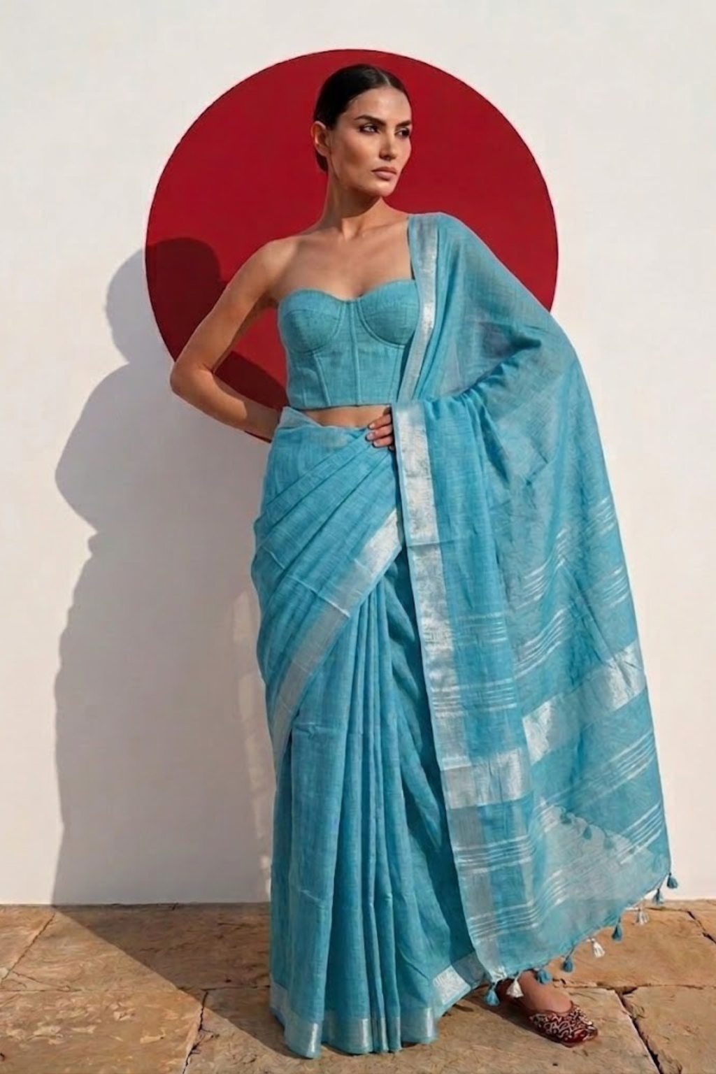 Turquoise Linen Cotton Saree with Blouse Fabric