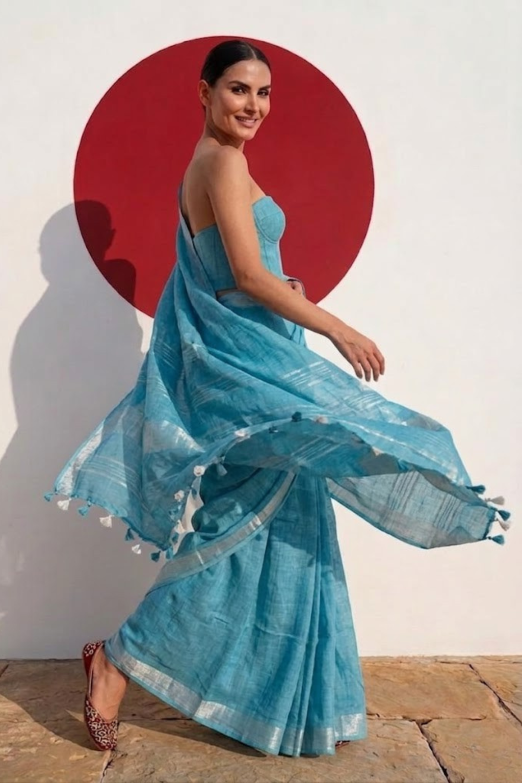 Turquoise Linen Cotton Saree with Blouse Fabric