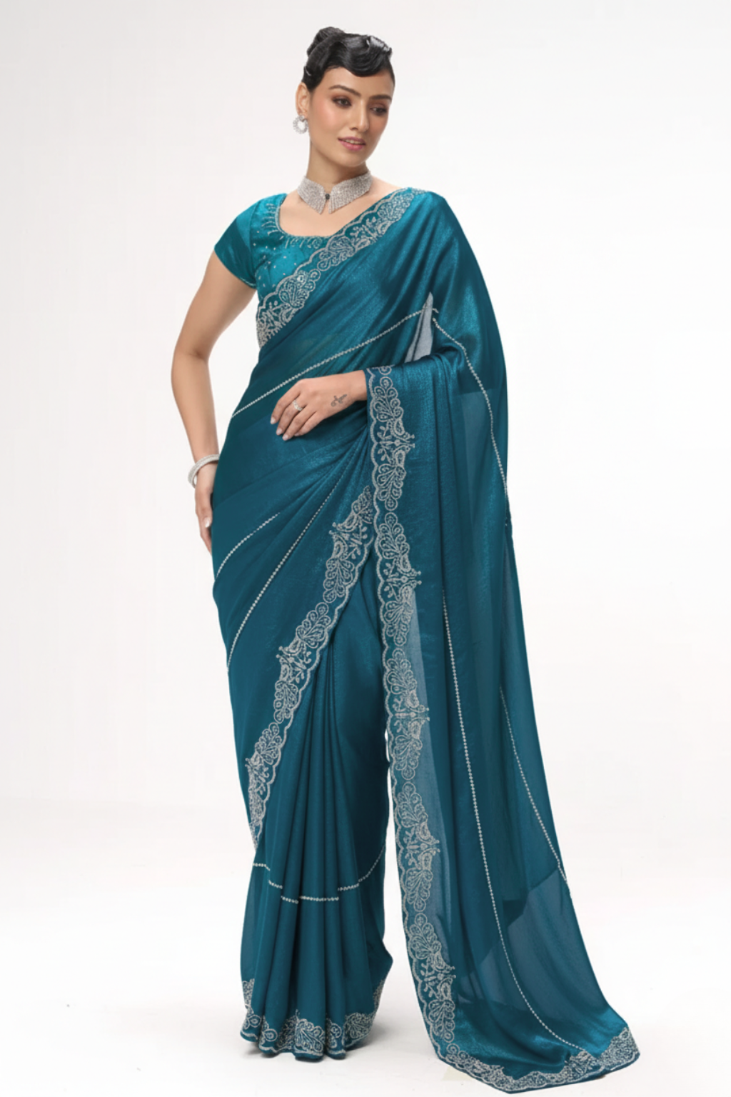 Real Deal Bright Blue Diamonds Metallic Satin Saree with Blouse Fabric