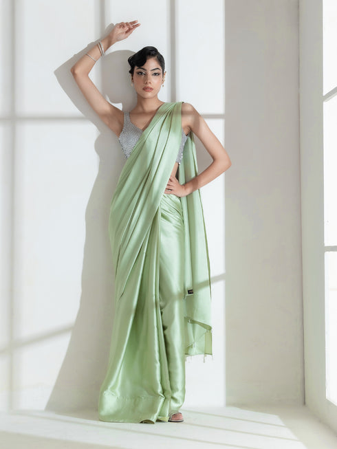 Pista Satin Saree with Transparent beads