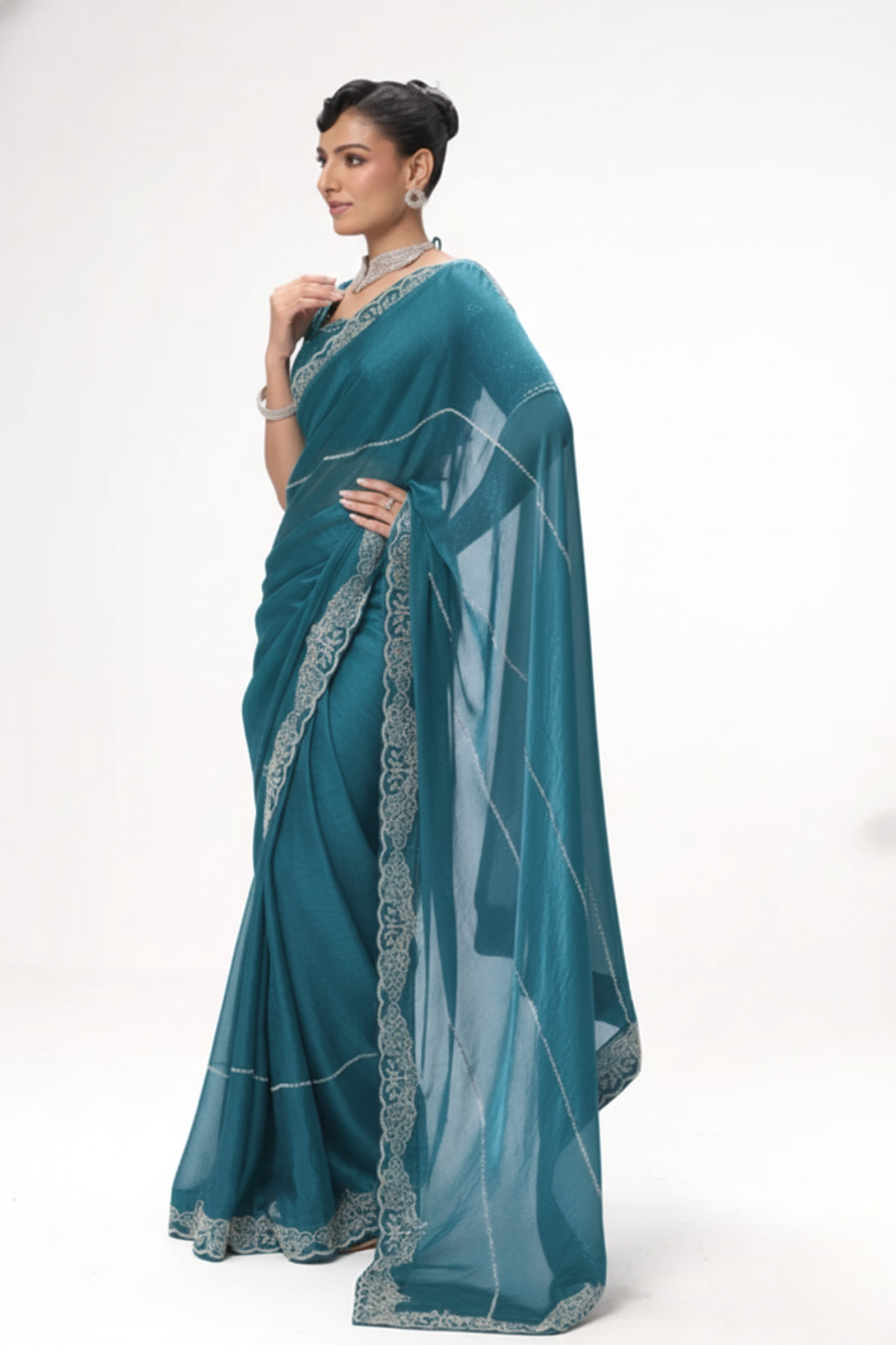 Real Deal bright blue diamonds metallic satin saree with blouse fabric — view 4