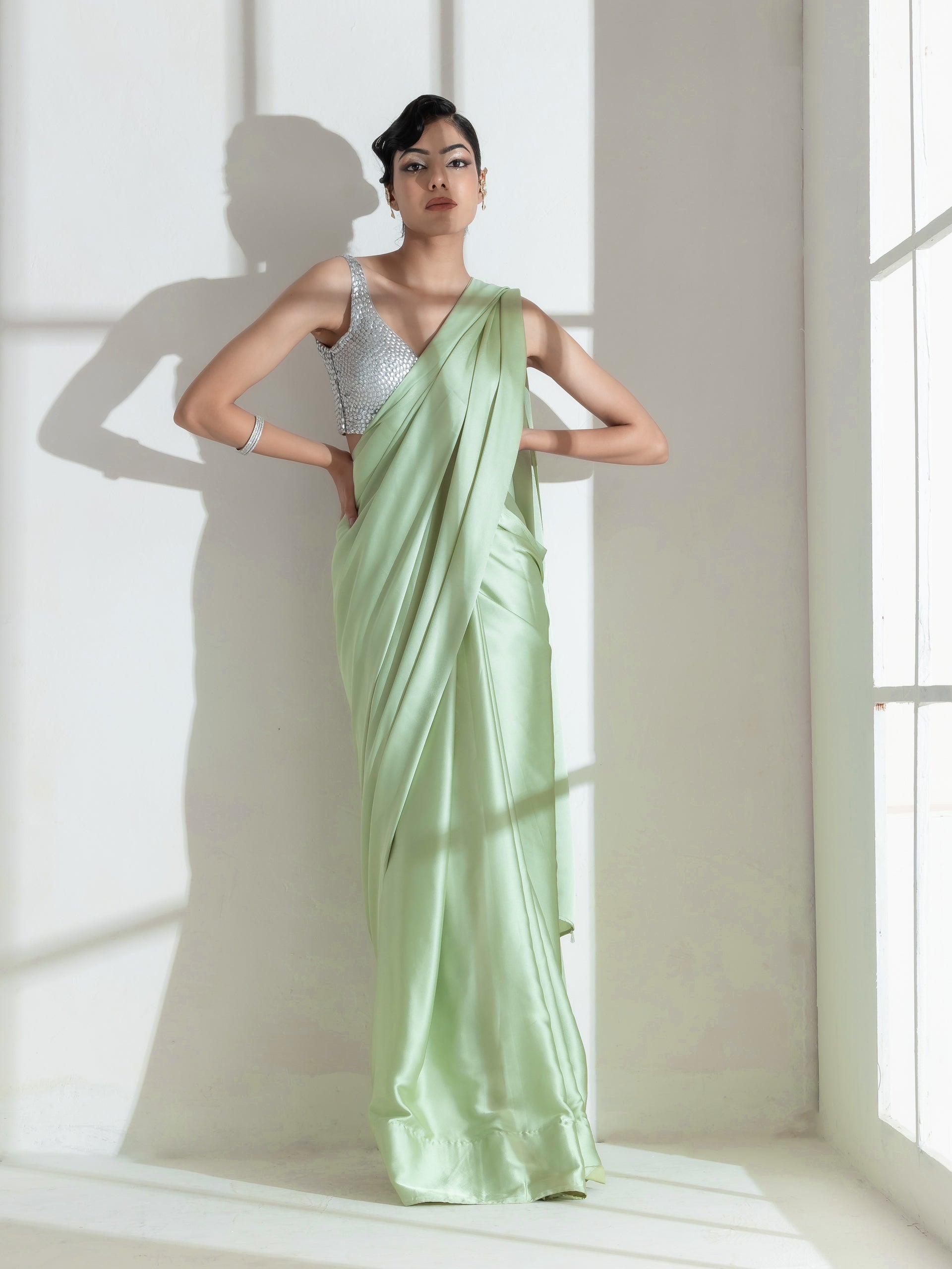 Pista Satin Saree with Transparent beads
