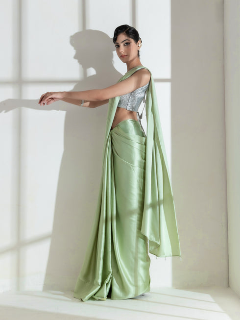 Pista Satin Saree with Transparent beads