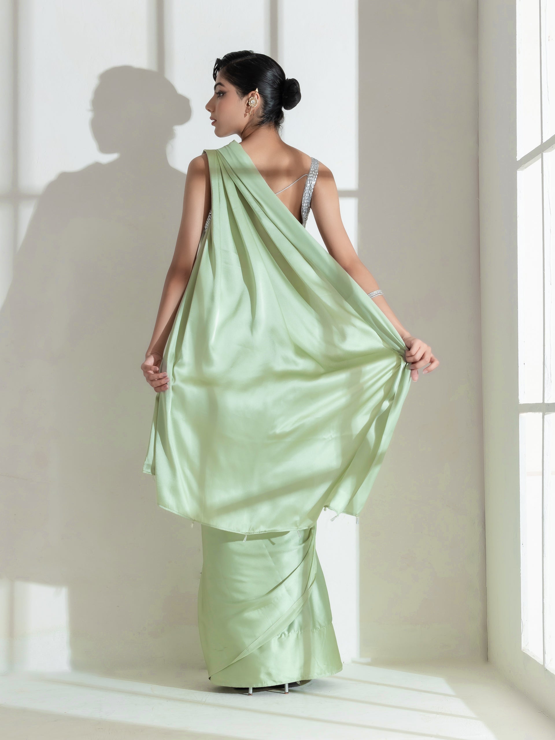 Pista Satin Saree with Transparent beads