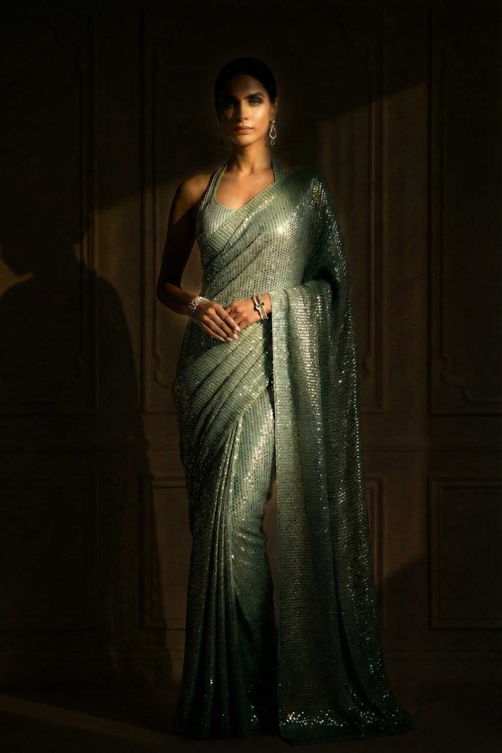 Candy Mint Knitted Sequin Saree with Blouse Fabric