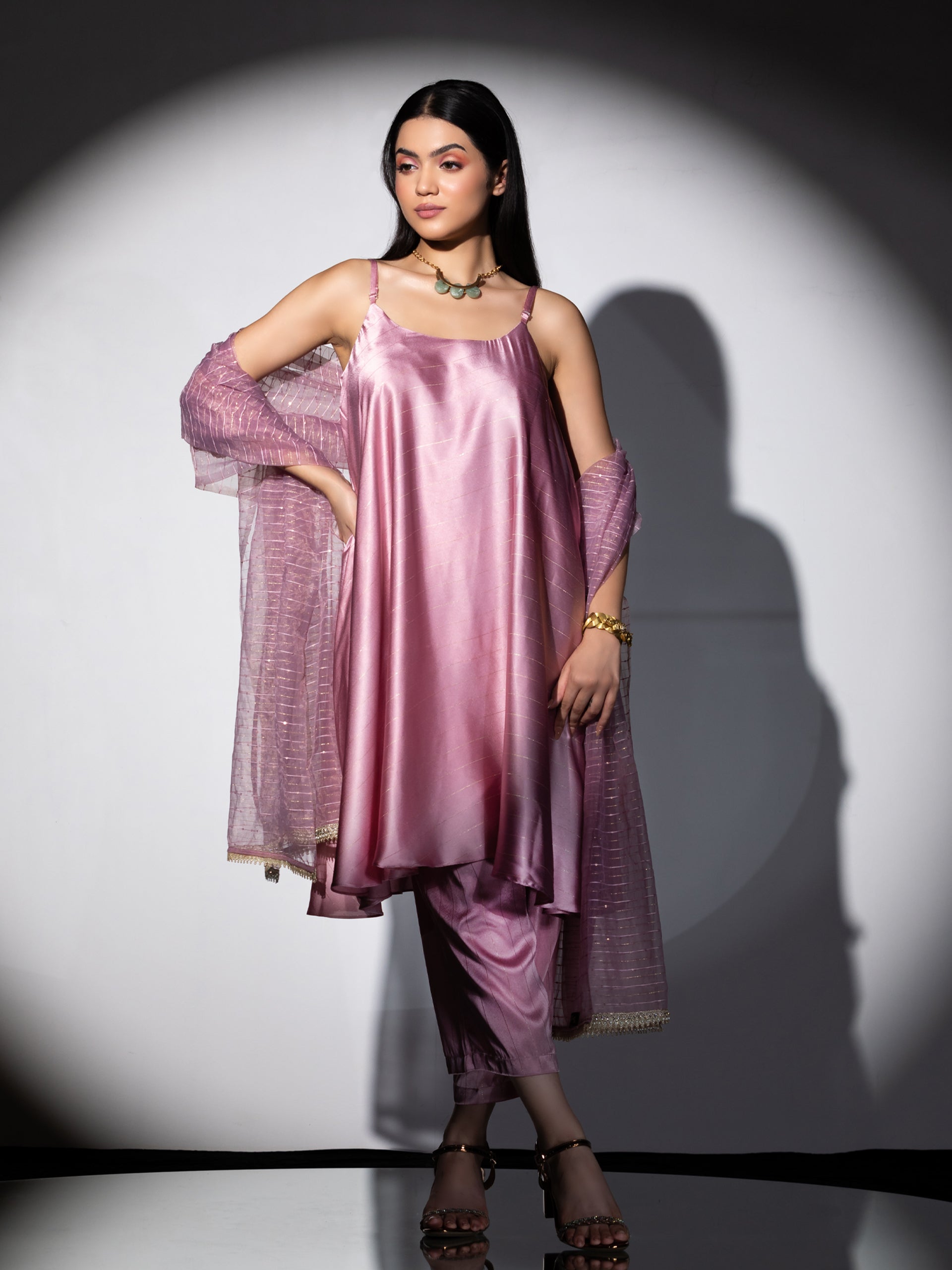 Women's Pink Stripe Satin Dress Set with Pants and Organza Sparkle Dupatta with Lace 3 Piece Set | Straight Fit, Round Neck, Sleeveless, Pants, Festive Wear, (Satin)