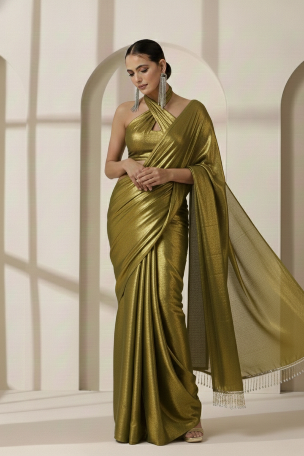 Henna Gold Chiffon Saree with Lace with Self Blouse Fabric
