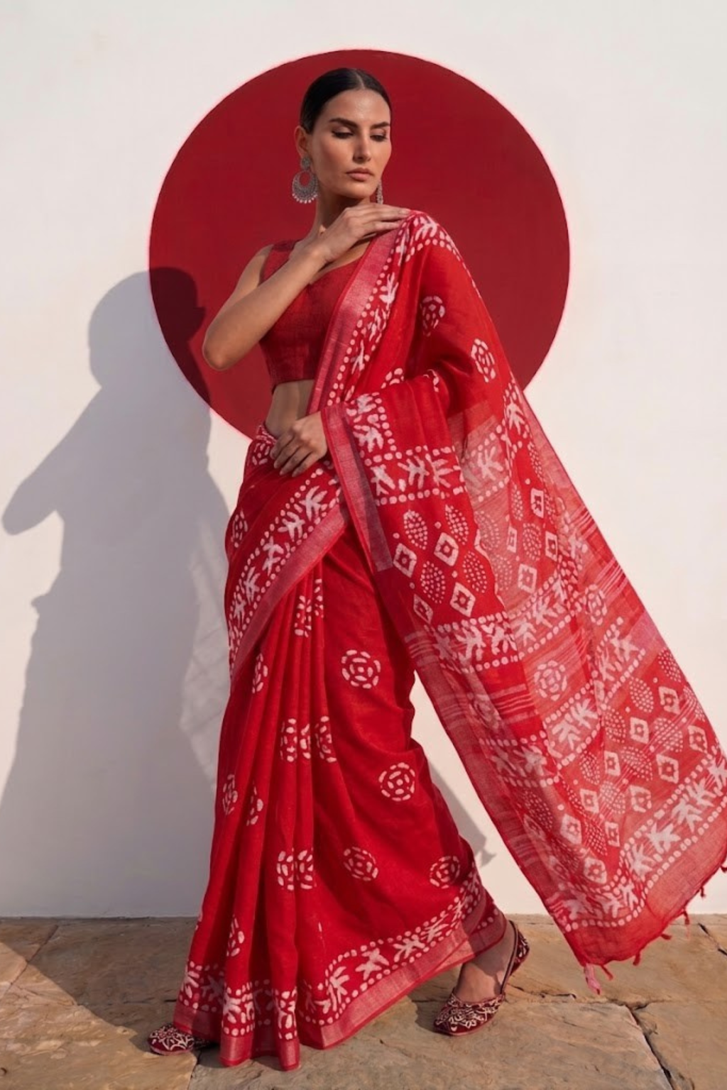 Red Hand Block Printed Soft Cotton Saree with Blouse Fabric