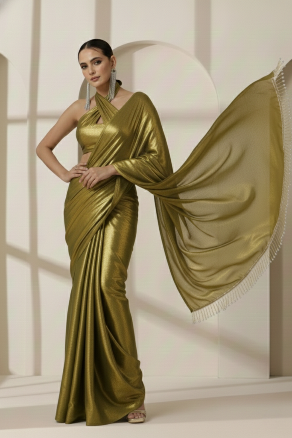 Henna Gold Chiffon Saree with Lace with Self Blouse Fabric