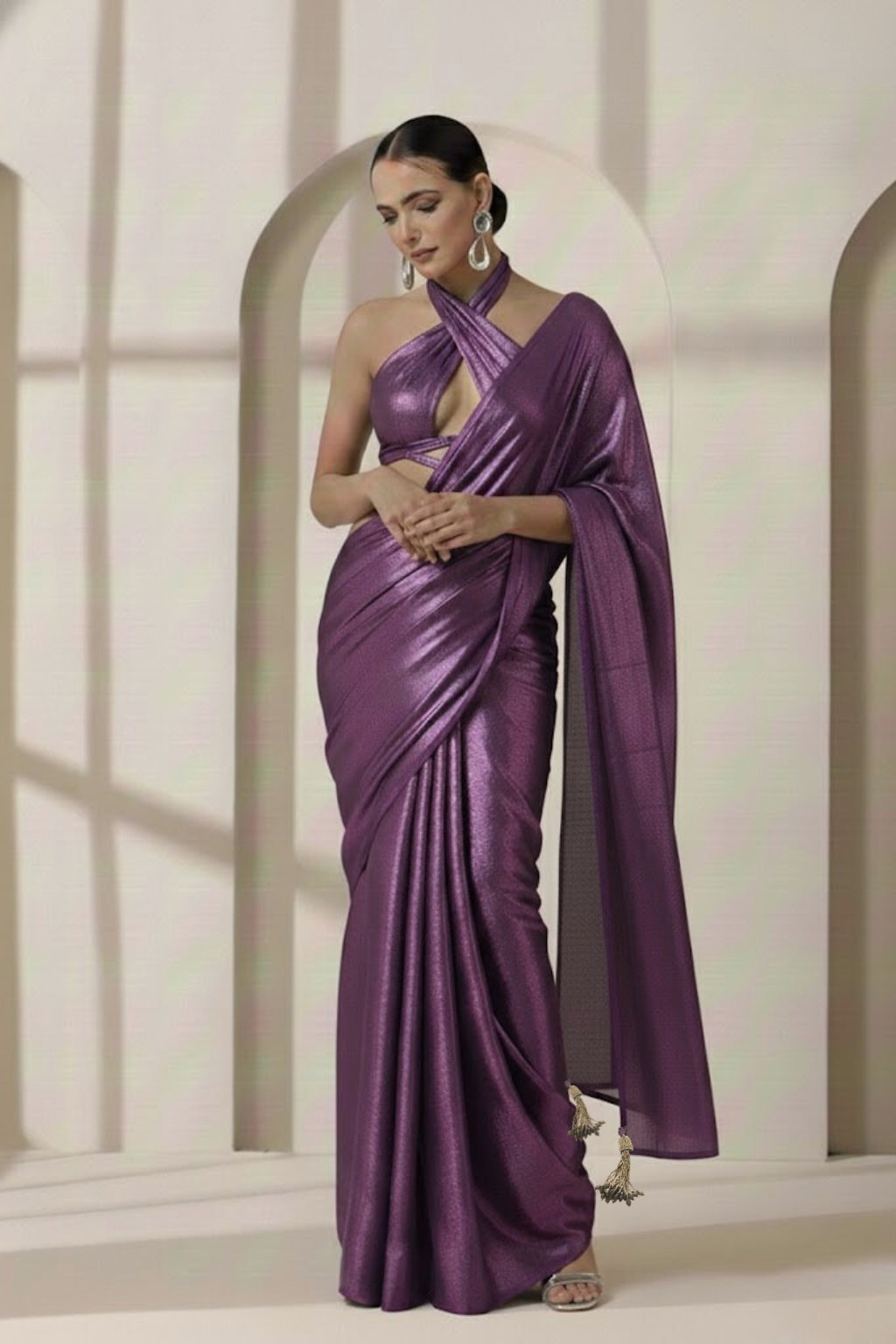 Amythst Gold Chiffon Saree with Pendants with Self Blouse