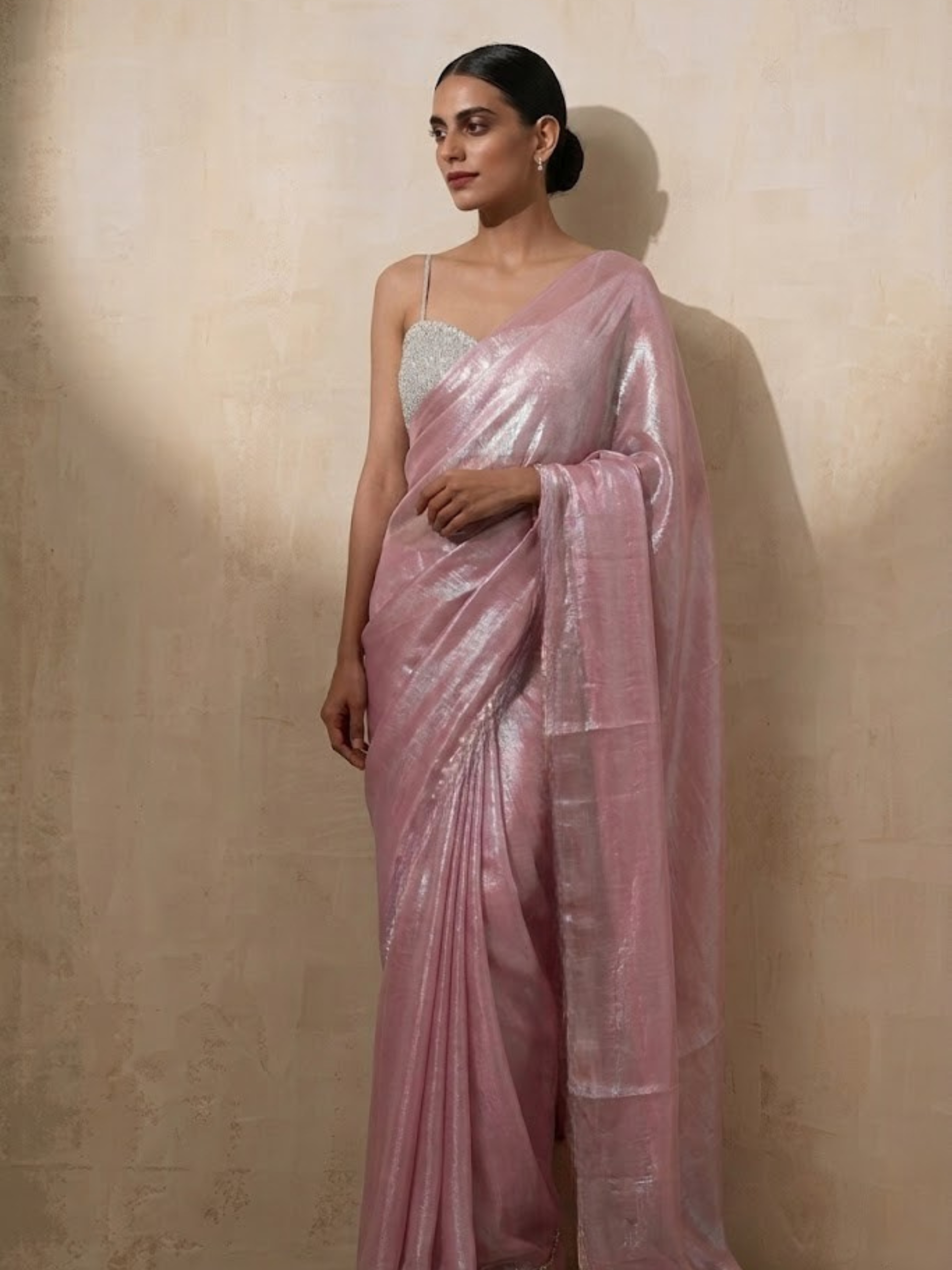 Pink Blue Metallic Satin Saree with Lace and Self Blouse Fabric