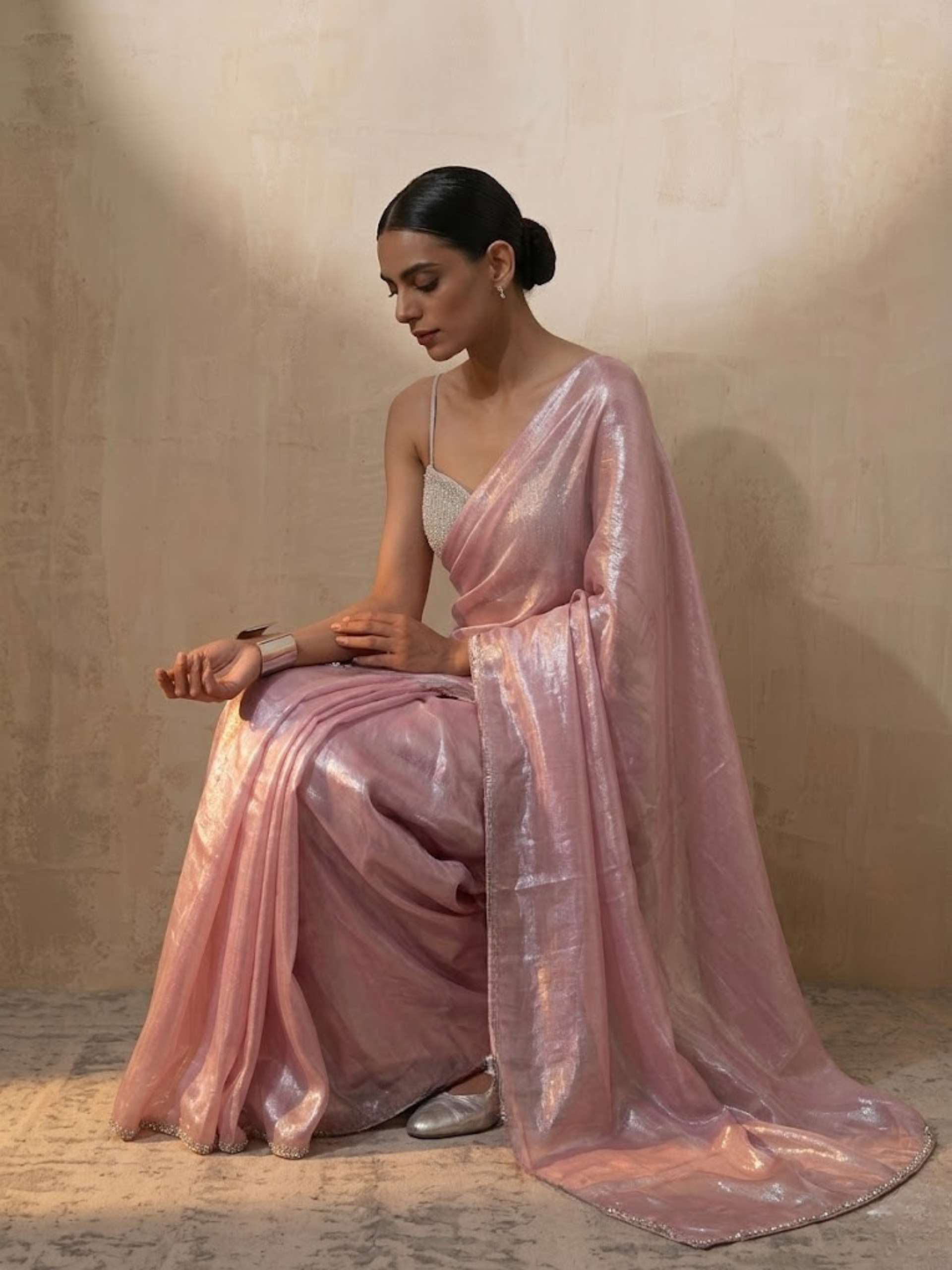 Pink Blue Metallic Satin Saree with Lace and Self Blouse Fabric