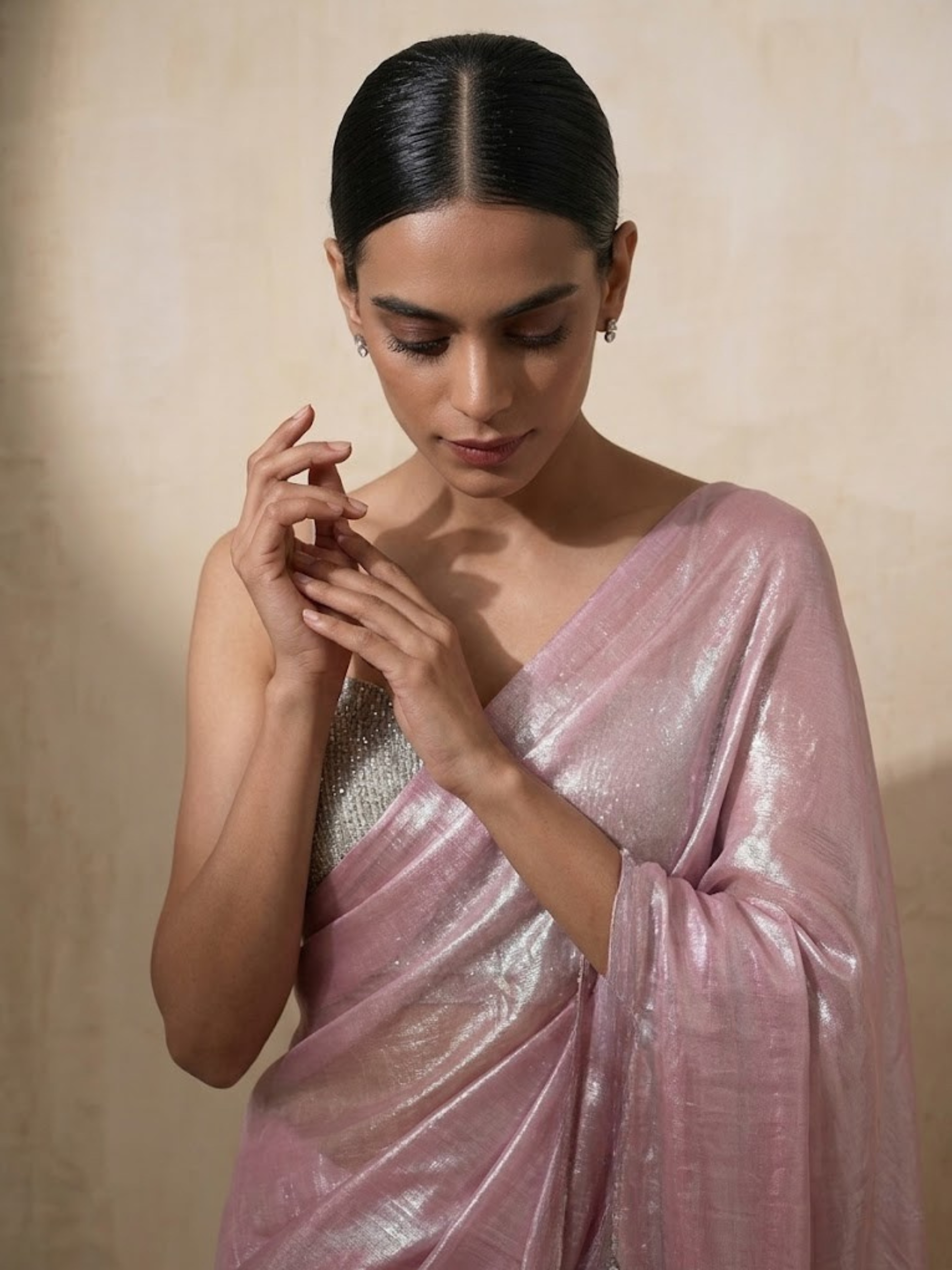 Pink Blue Metallic Satin Saree with Lace and Self Blouse Fabric