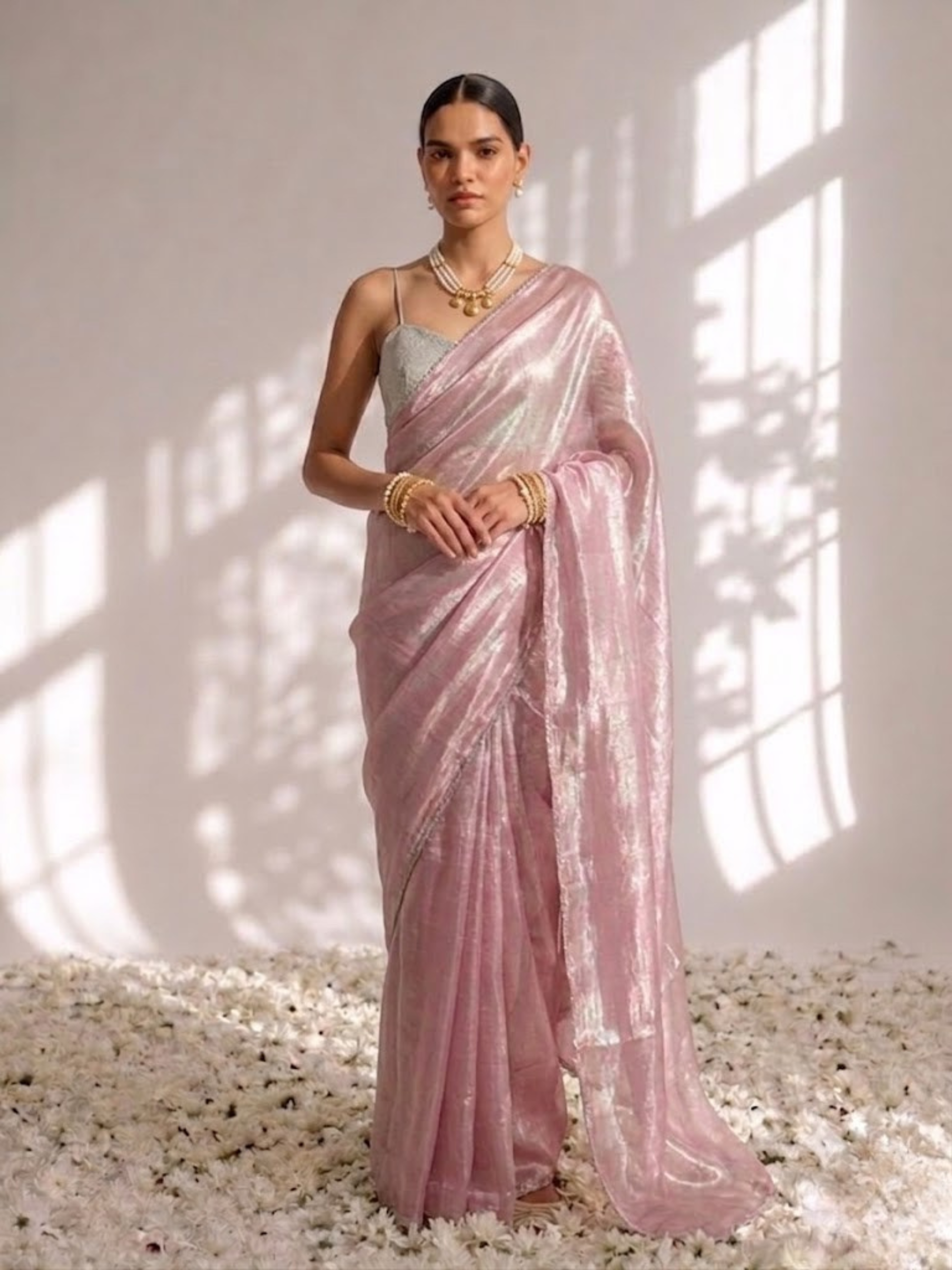 Pink blue metallic satin saree with lace and self blouse fabric — view 3