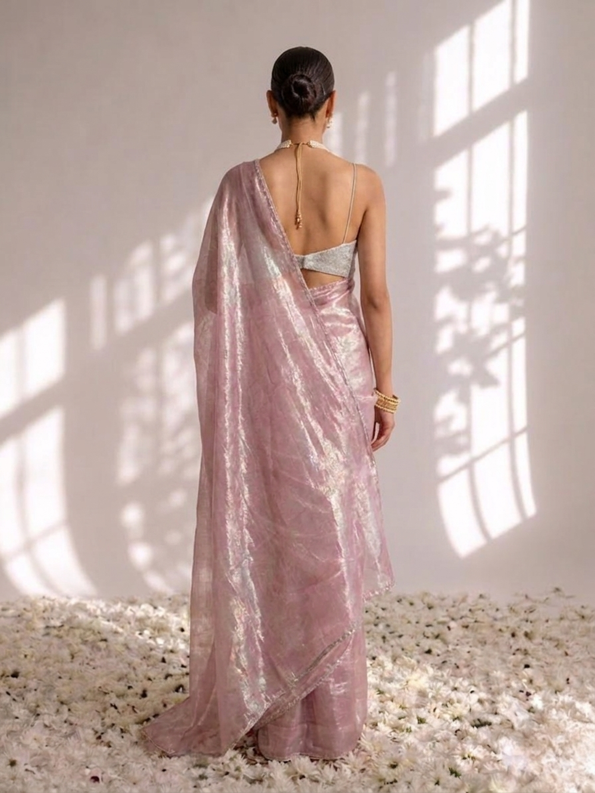 Pink blue metallic satin saree with lace and self blouse fabric — view 6
