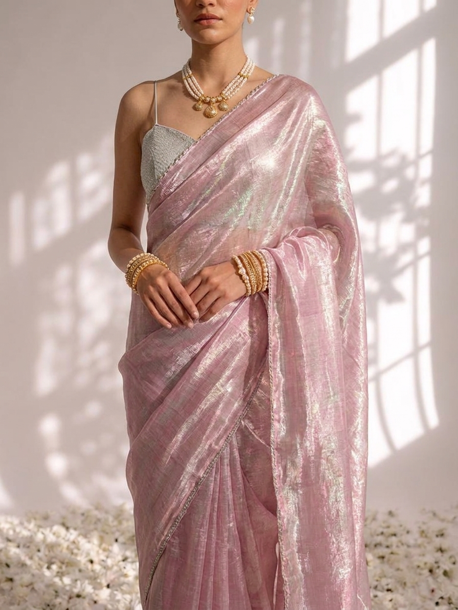 Pink blue metallic satin saree with lace and self blouse fabric — view 4