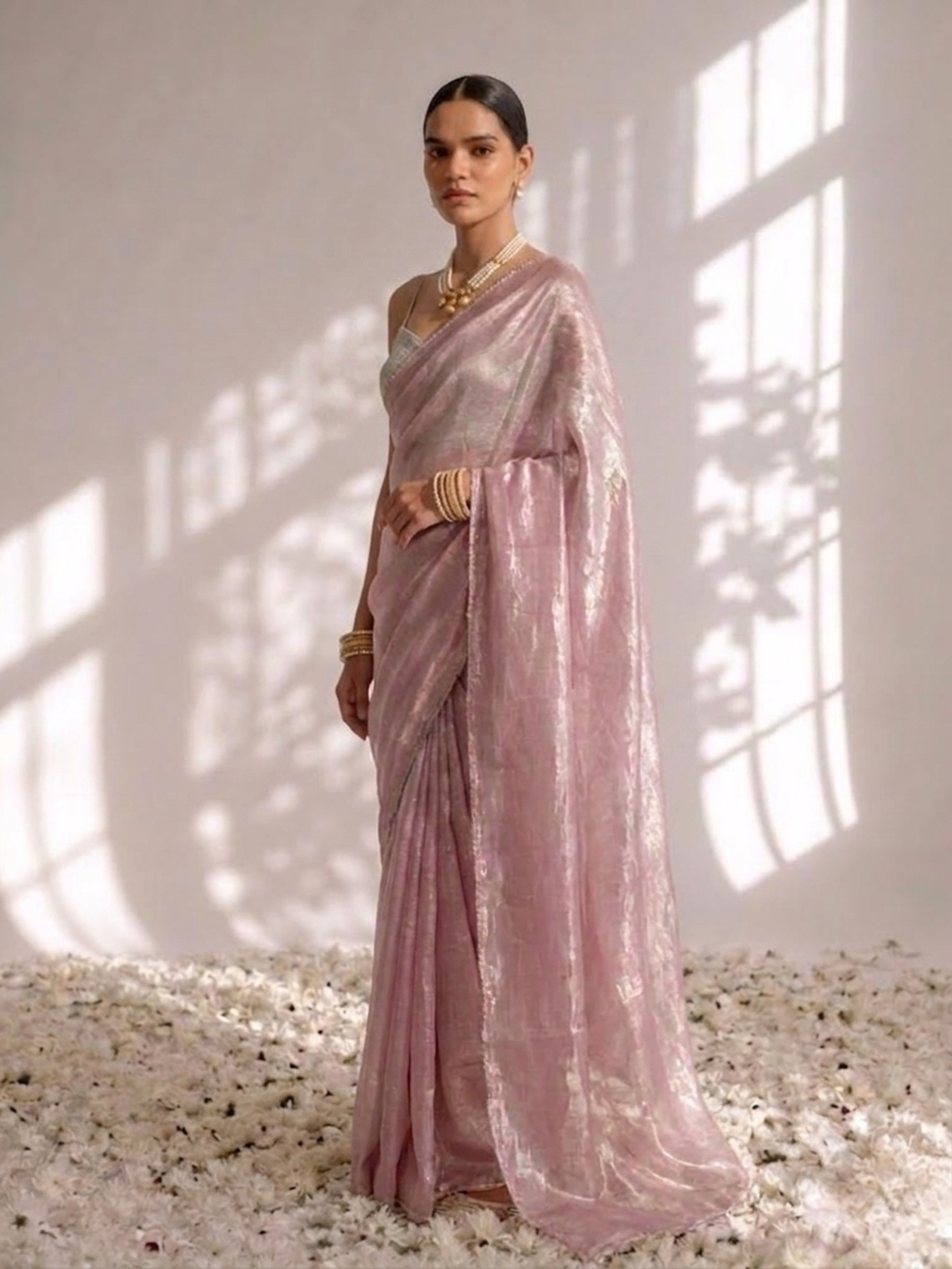 Pink blue metallic satin saree with lace and self blouse fabric — view 5