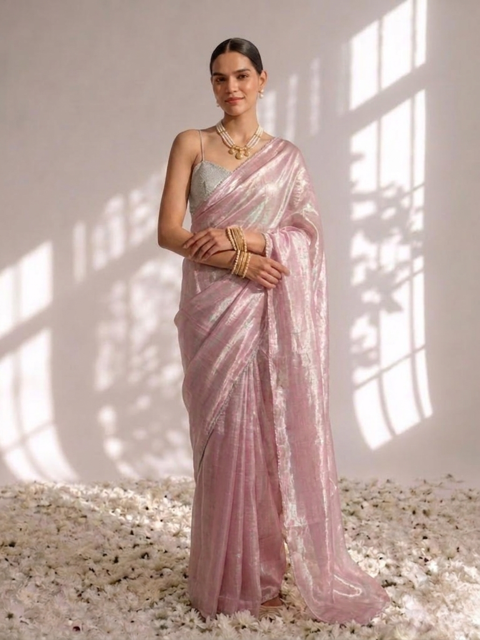 Pink Blue Metallic Satin Saree with Lace and Self Blouse Fabric
