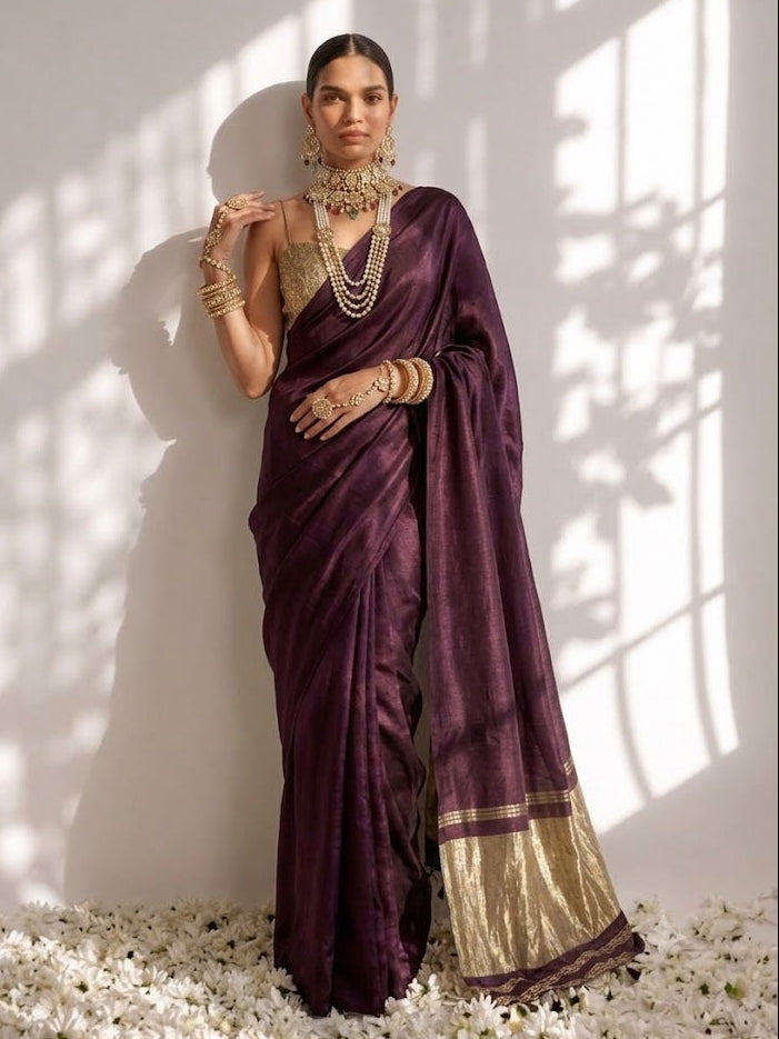 Wine Modal Gajji Saree with Zari Pallu and Self Blouse Fabric