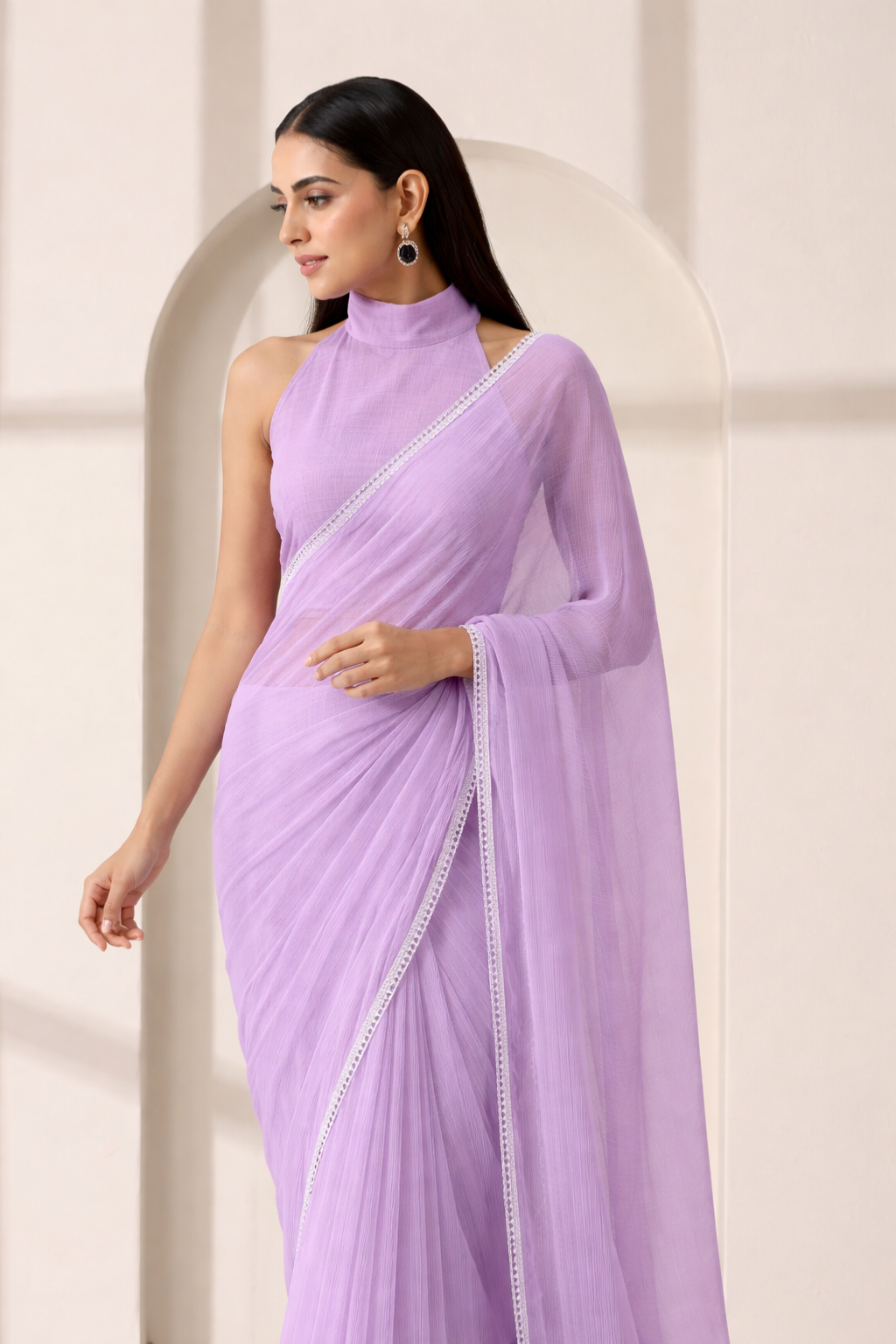 Lavender Chiffon Saree with Lace and Self Fabric Blouse